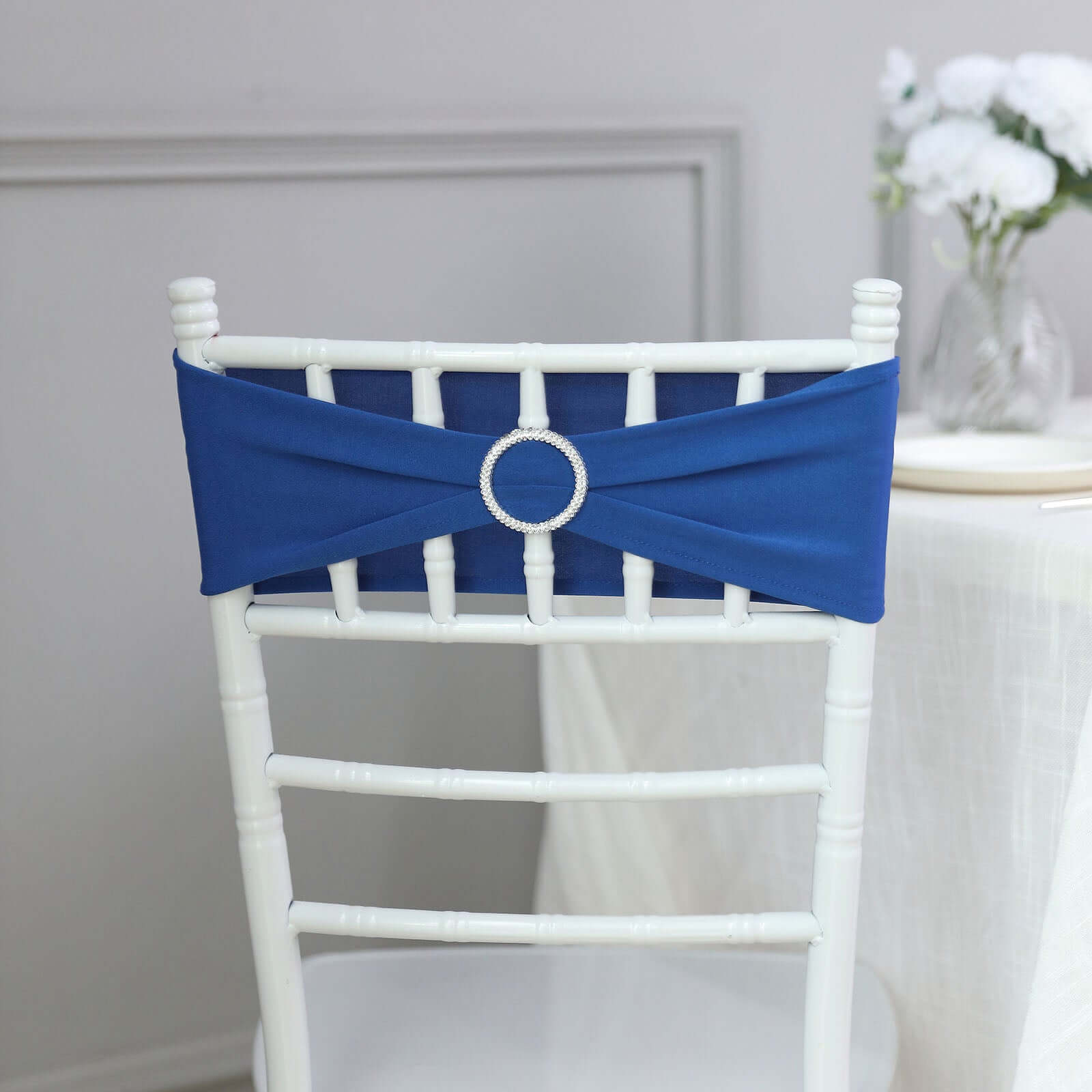 5 Pack Stretch Spandex Chair Sashes Royal Blue - Reusable Chair Bands with Silver Diamond Ring Slide Buckle 5"x14"