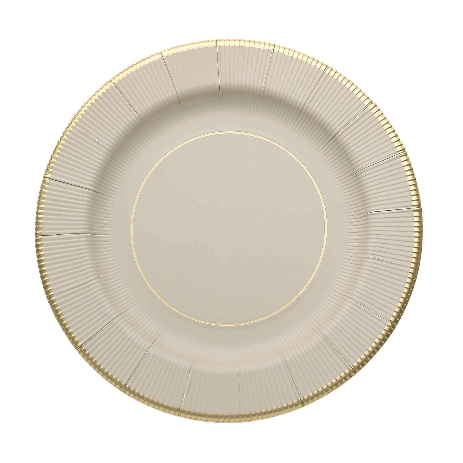 25-Pack Paper 8" Round Dessert Plates in Taupe Sunray Design with Gold Rim - Disposable Heavy Duty 350GSM Appetizer Salad Plates
