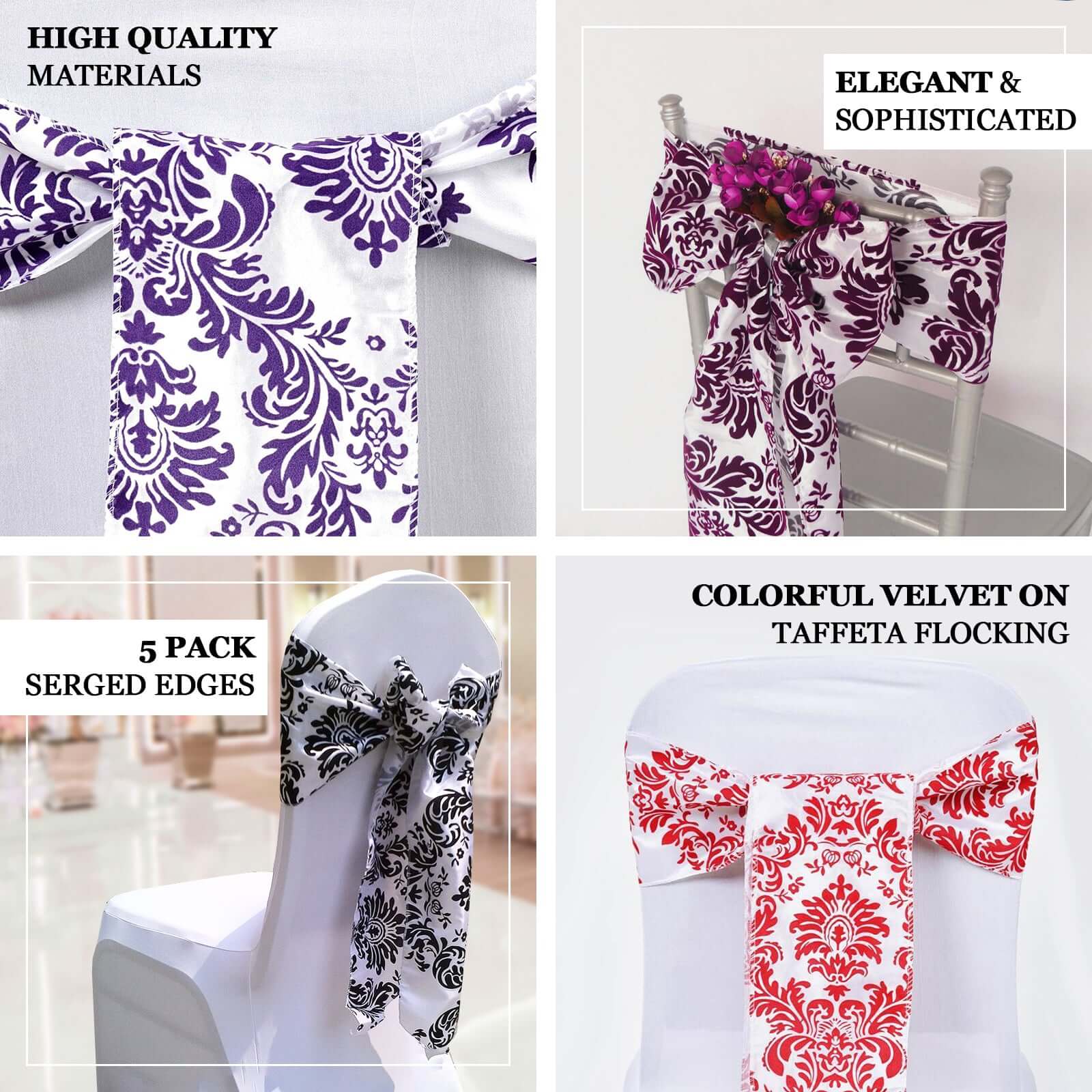 5 Pack Taffeta Damask Chair Sashes White with Eggplant Flocking Design 6"x108"