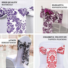 5 Pack Taffeta Damask Chair Sashes White with Eggplant Flocking Design 6"x108"