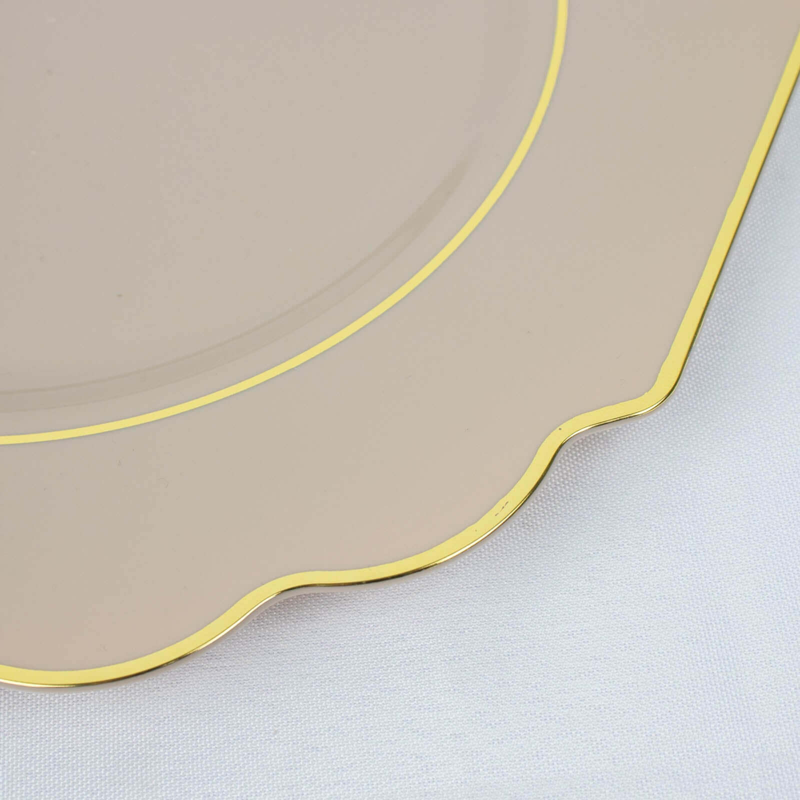10-Pack Plastic Dinner Plates in Taupe Baroque Design with Scalloped Gold Rim - Heavy Duty Disposable Party Plates 11"