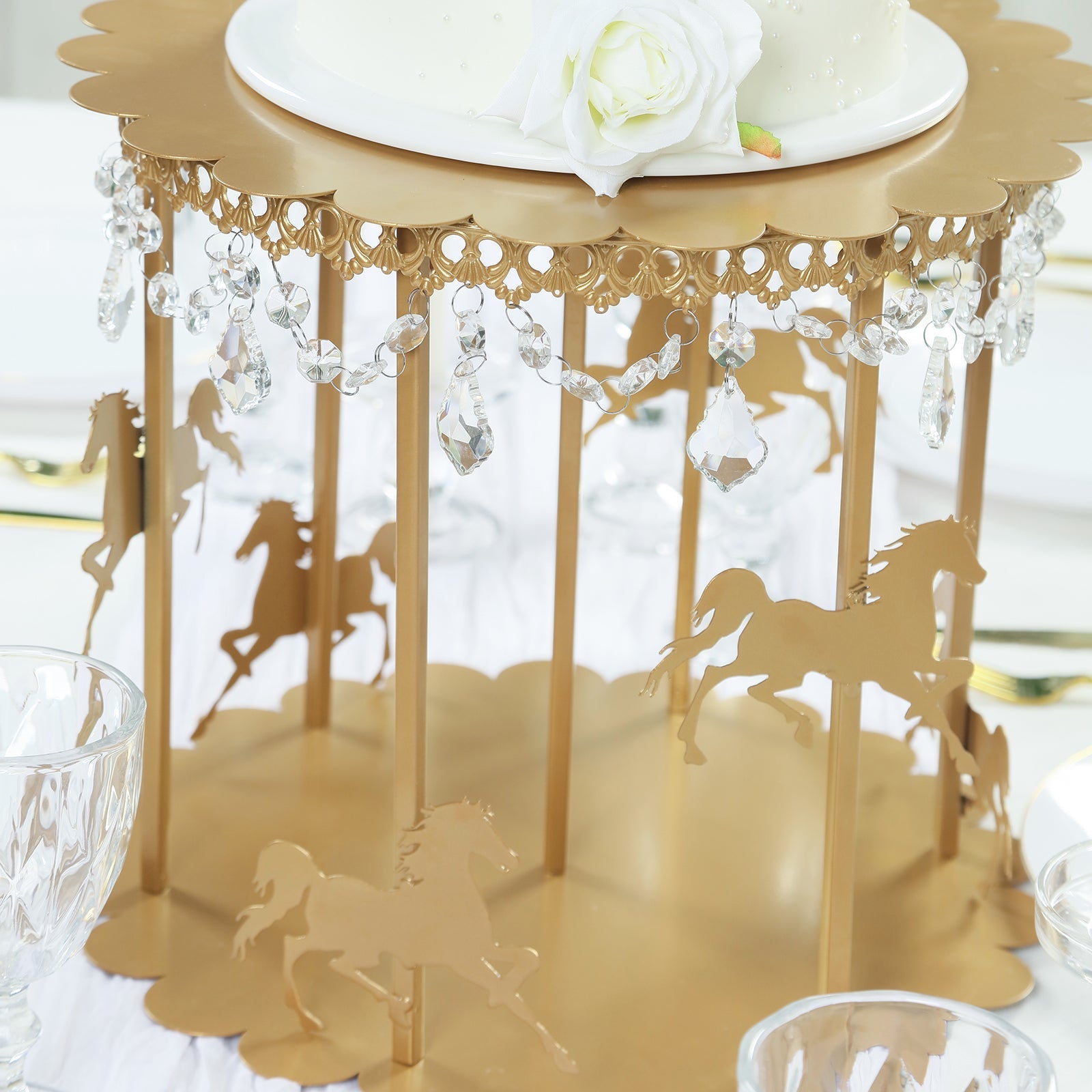 Metal Round Pedestal Cake Stand Gold Carousel Design with Hanging Acrylic Beads for Cupcakes & Pastries 14"