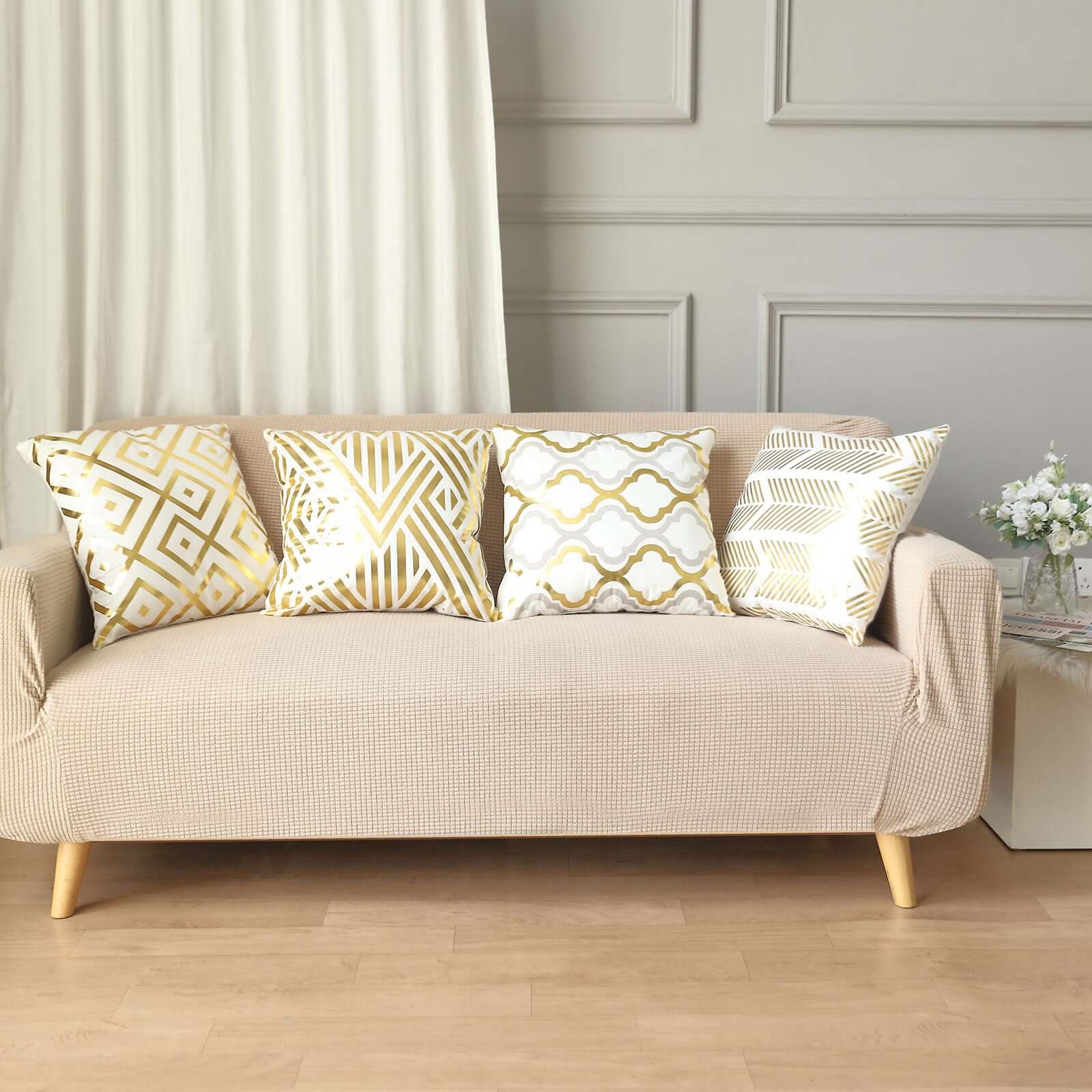 Set Of 4 18" White Gold Foil Geometric Print Throw Pillow Covers, Velvet Square Sofa Cushion Covers