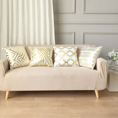 Set Of 4 18" White Gold Foil Geometric Print Throw Pillow Covers, Velvet Square Sofa Cushion Covers