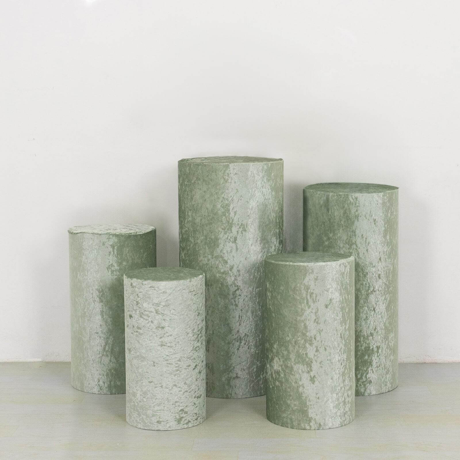 Set of 5 Sage Green Crushed Velvet Cylinder Pedestal Stand Covers, Premium Pillar Prop Covers