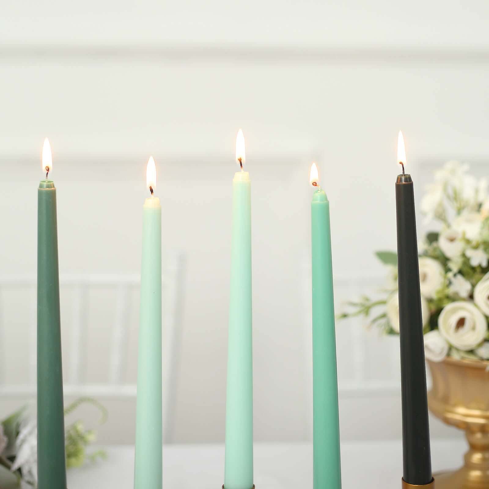 12-Pack Taper Candles Premium Wax Design Mixed Green - Unscented Candles for Sophisticated Decor 10"