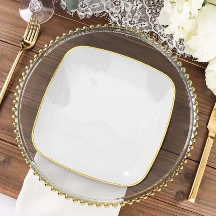 10-Pack Plastic 10" Square Dinner Plates in White with Gold Rim - Classy Disposable Lunch Party Plates for Weddings & Special Events
