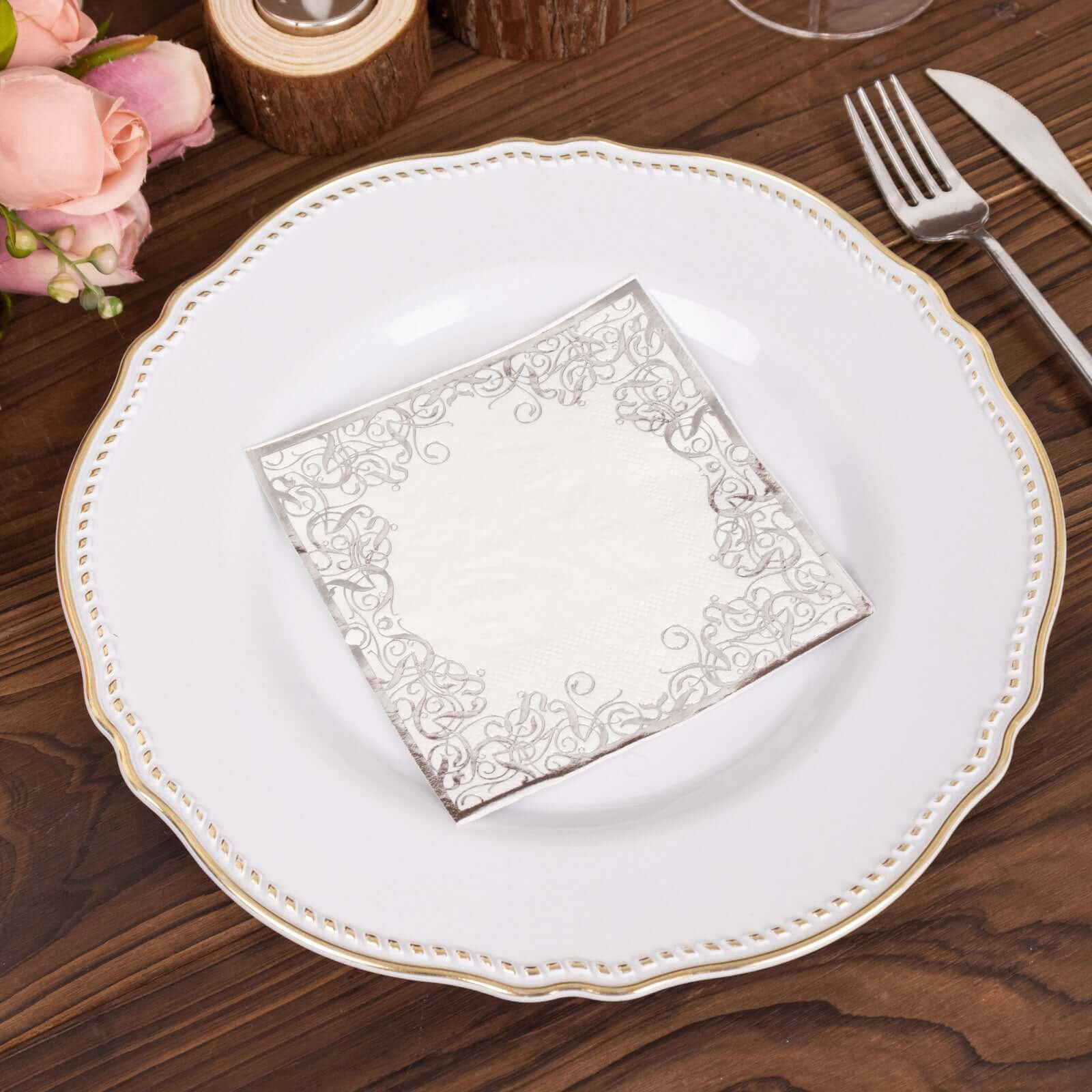 20-Pack Paper Beverage Napkins with Silver Foil Lace Design White - 3 Ply Disposable 18GSM European Style Cocktail Napkins 5"x5"