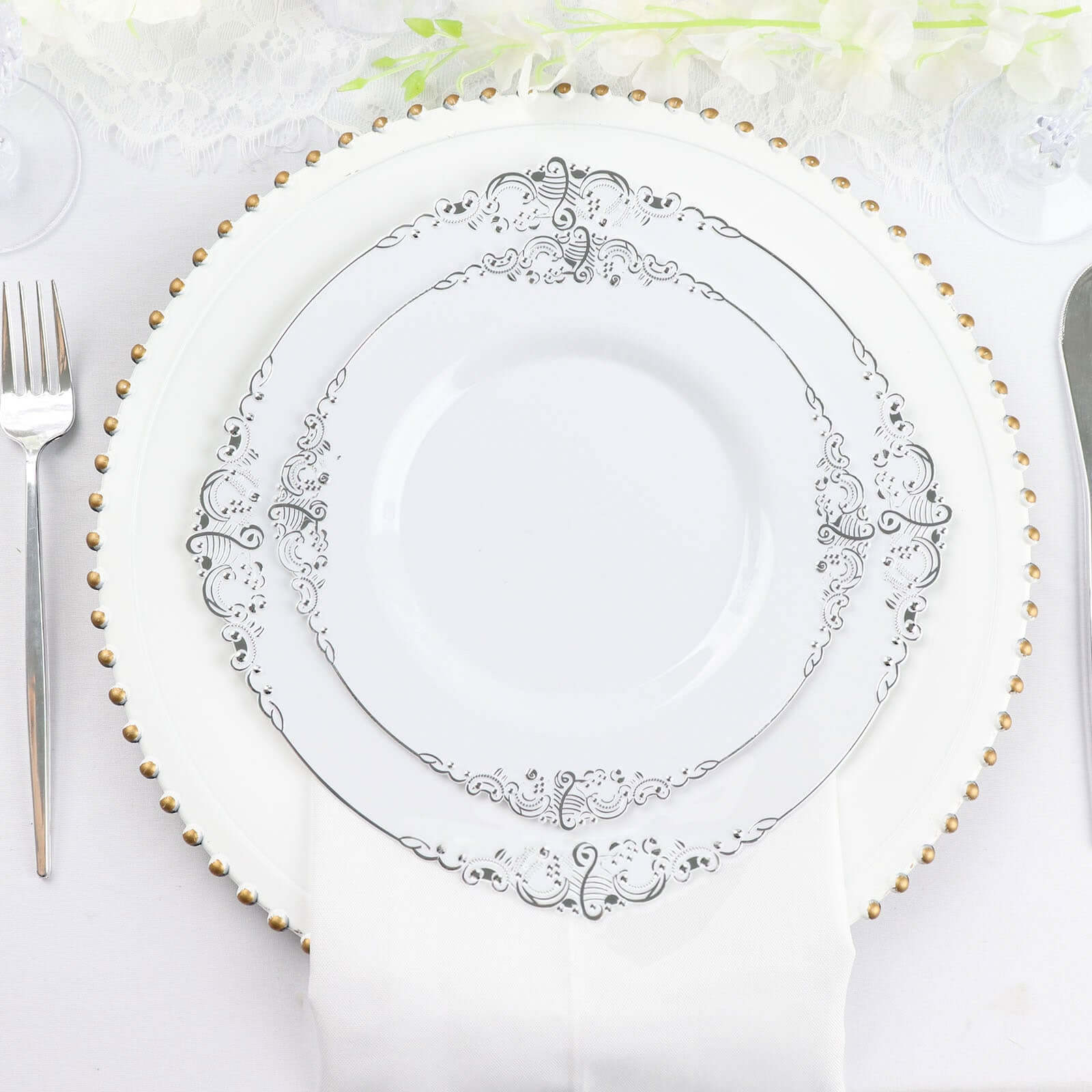 10-Pack Plastic 10" Round Dinner Plates in White with Silver Leaf Embossed Rim - Disposable Vintage Baroque Style Plates