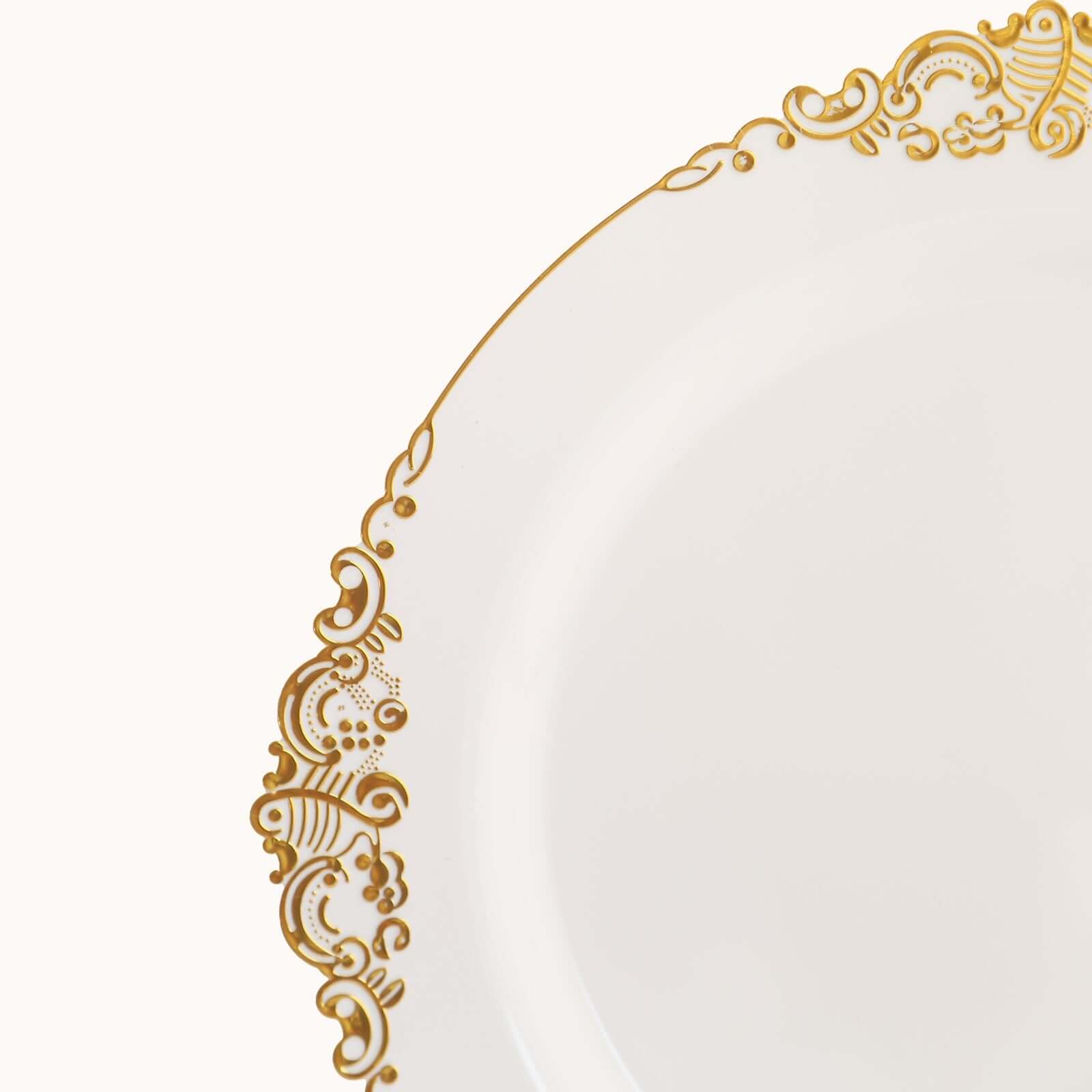 10-Pack Plastic 10" Round Dinner Plates in White with Gold Leaf Embossed Rim - Disposable Vintage Baroque Style Plates for Luxurious Gatherings & Events