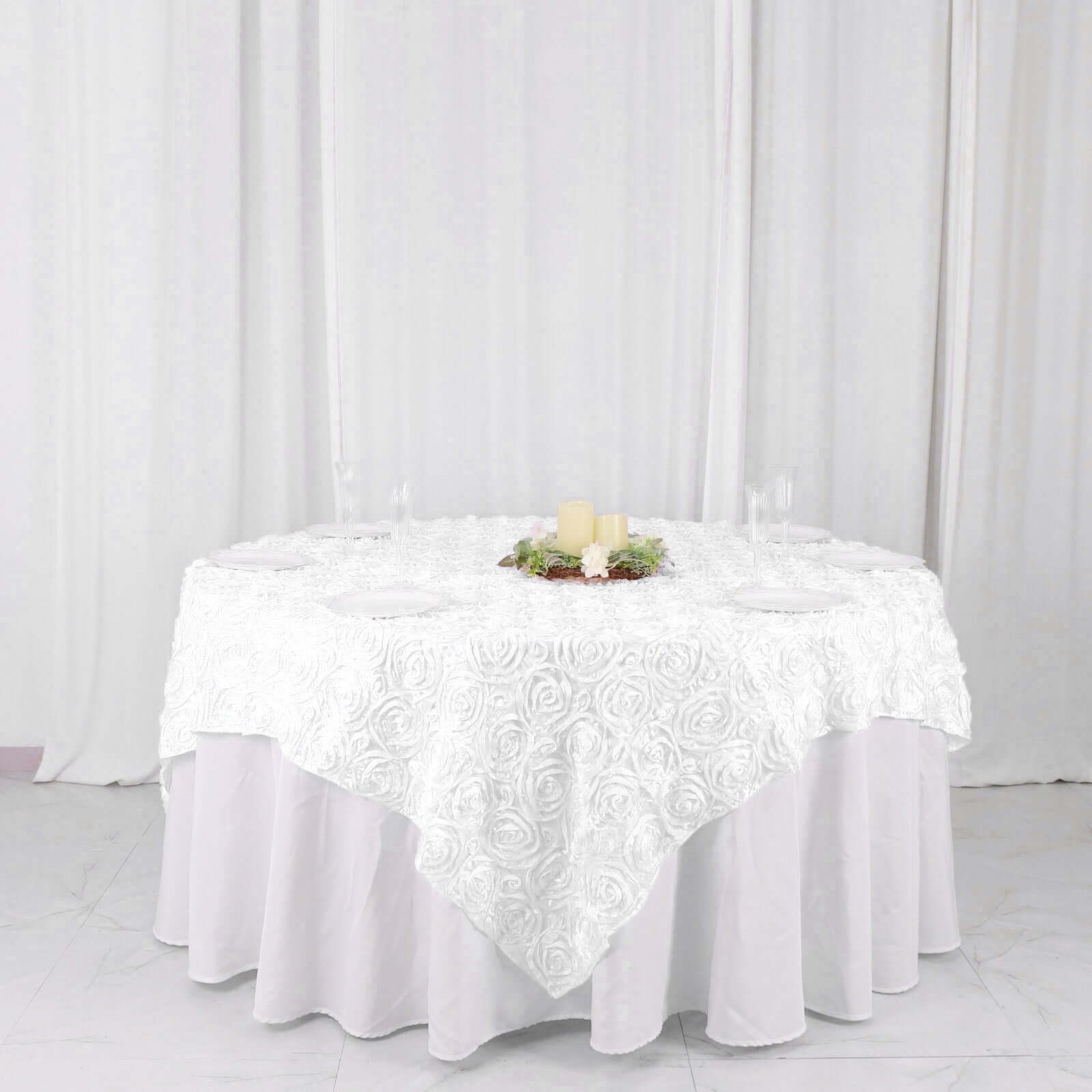 Satin 72"x72" Table Overlay Square Tablecloth White - 3D Rosette Design for Stylish Occasions