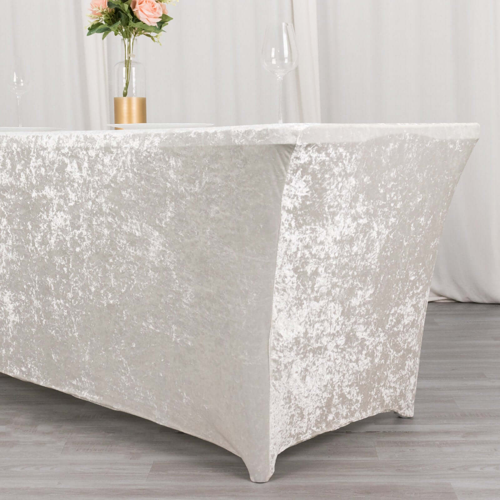 Crushed Velvet Fitted Rectangular 6ft Table Cover White - Wrinkle-Free Stretchy Tablecloth for Weddings and Banquets
