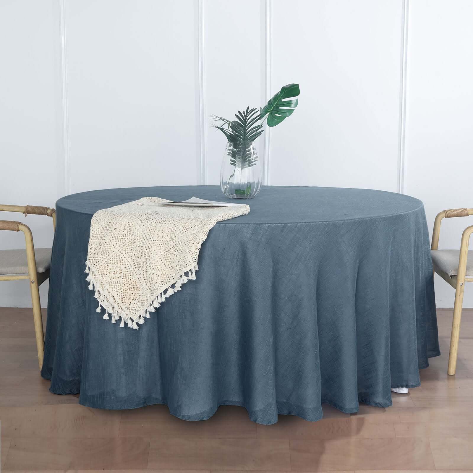 Faux Linen 120" Round Tablecloth Blue - Slubby Texture Wrinkle-Resistant Seamless Table Cover