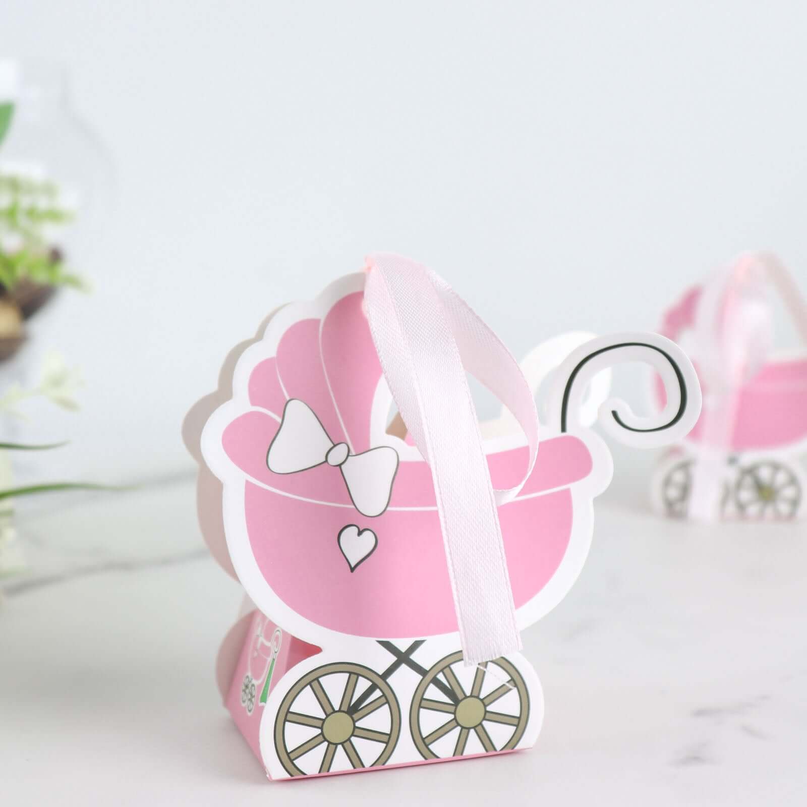 25 Pack Pink Baby Paper Stroller Party Favor Gift Boxes, Cardstock Carriage Candy Boxes with Ribbon Ties - 4.5"x2"x4"