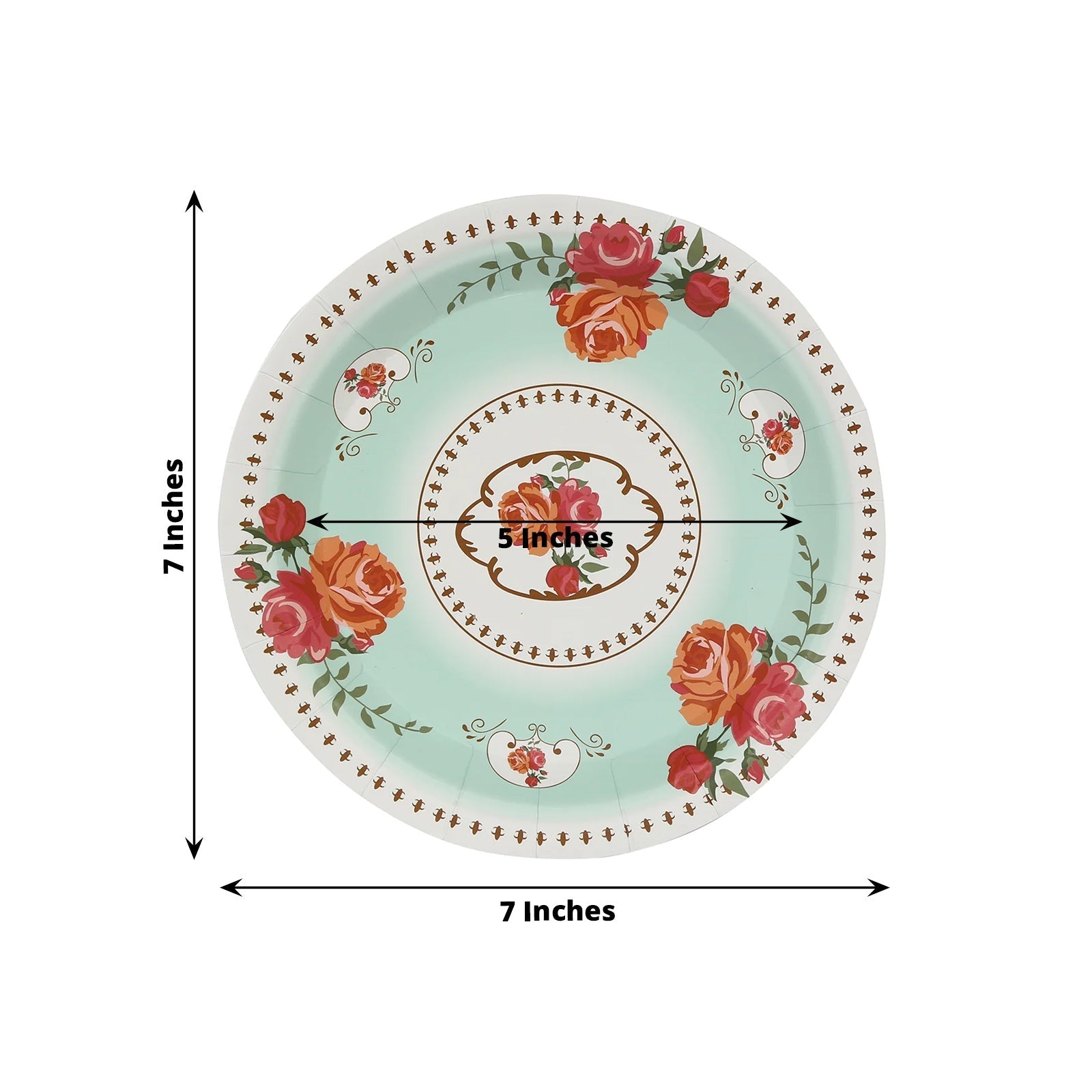 25-Pack Paper 7" Round Dessert Plates in Light Turquoise with Vintage Rose Flower Print - Disposable Appetizer Salad Plates
