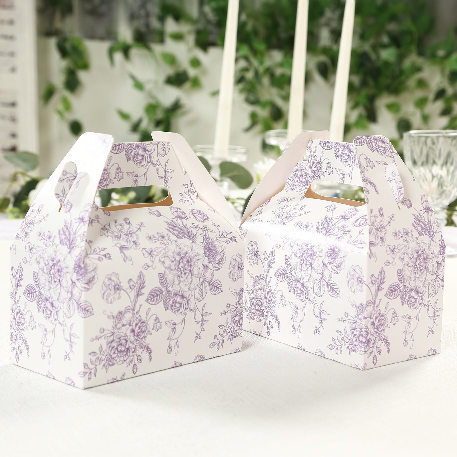 25 Pack Candy Treat Tote Boxes in French Toile Pattern - Matte Lavender and White Party Favor Gable Boxes, Cardstock Paper - 6"x3.5"x7"
