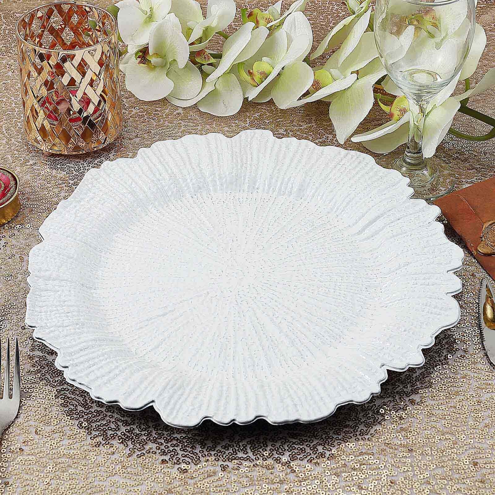 6-Pack Acrylic Plastic Round Charger Plates 13" in White with Reef Design, Classy Dinner Party Charger Tableware