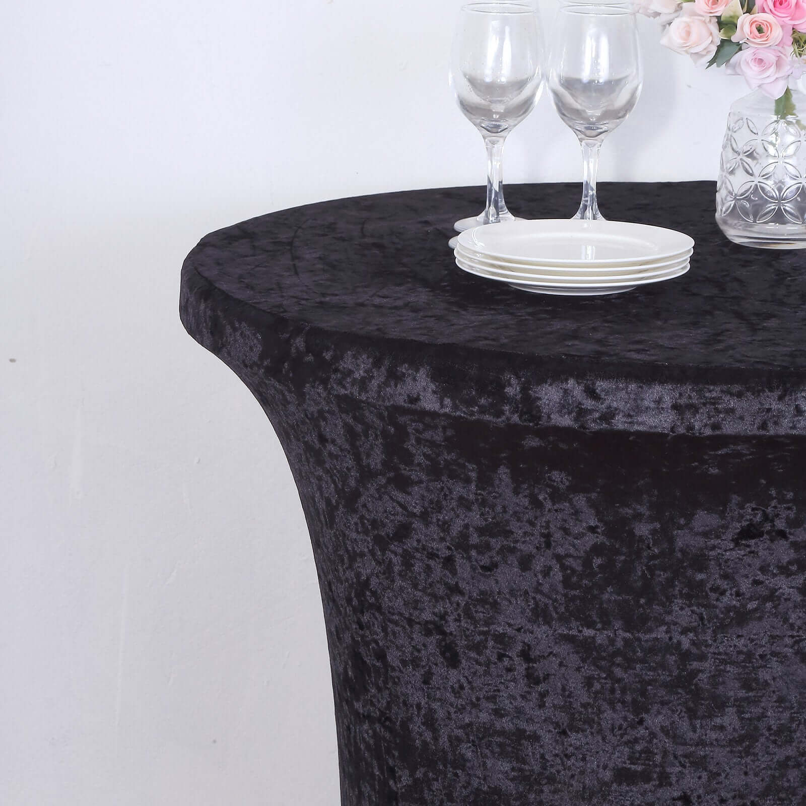 Crushed Velvet Spandex 30" Round Cocktail Table Cover Black Smooth Highboy Tablecloth
