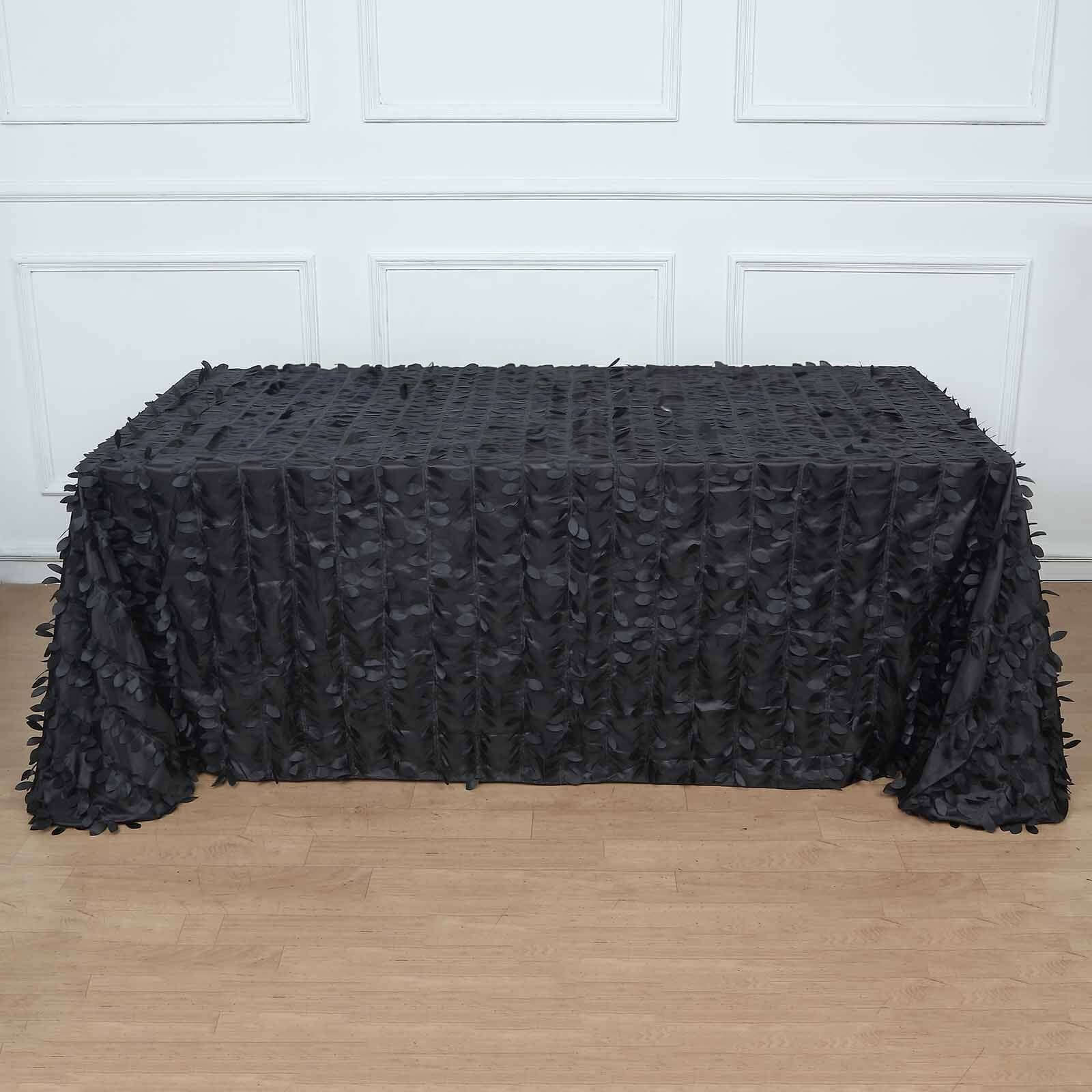 Taffeta 90"x132" Rectangle Tablecloth Black | 3D Leaf Petal Design Seamless Table Cover
