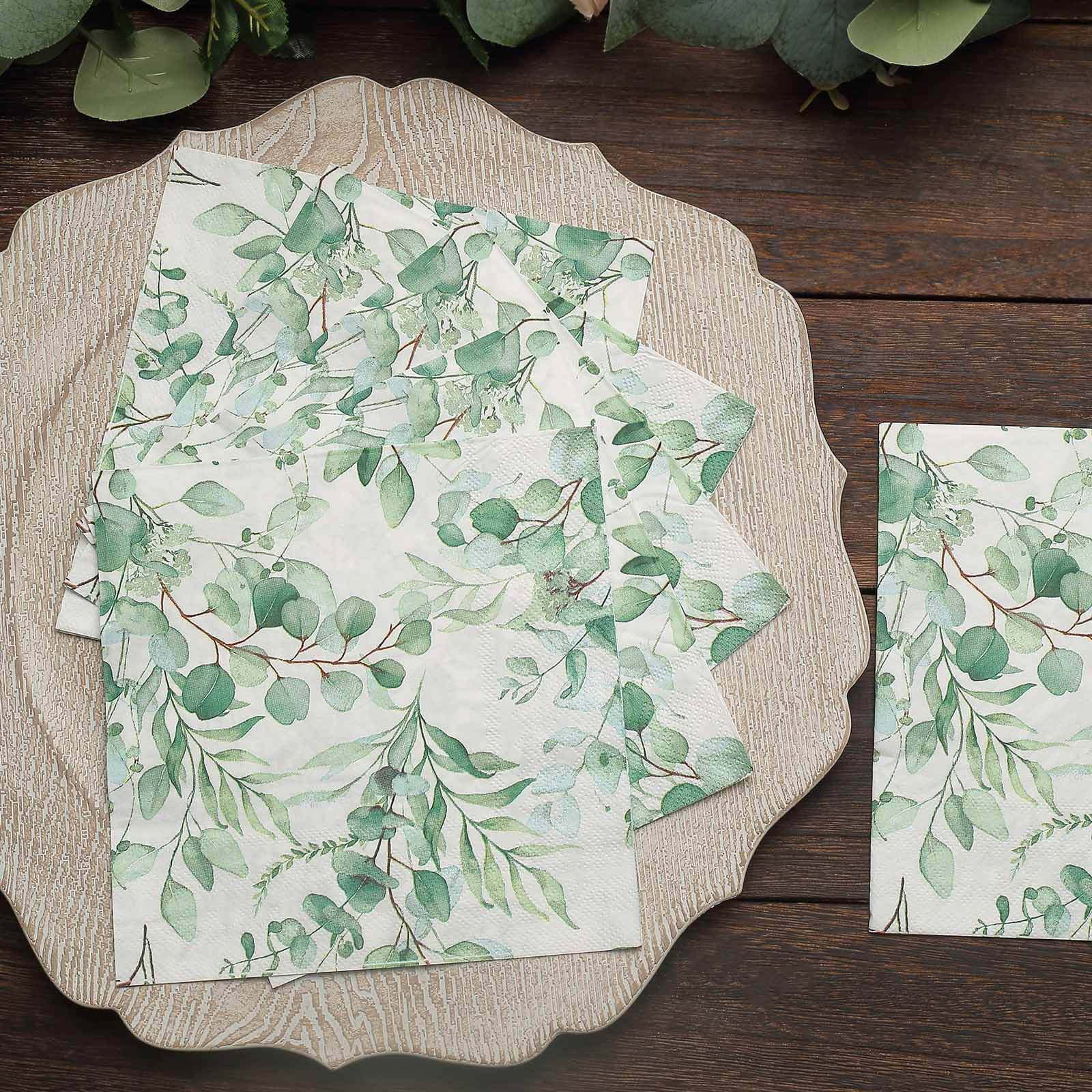 20-Pack Paper Beverage Napkins with Green Foliage Eucalyptus Leaves Design - 2 Ply Soft 18GSM Boho Wedding Napkins 6.5"x6.5"