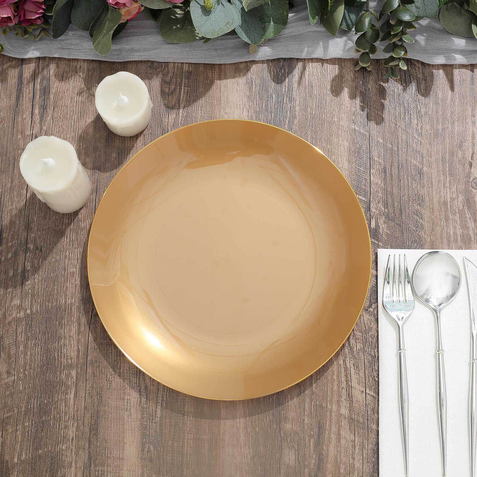 10-Pack Plastic 10" Round Dinner Plates in Gold with Gold Rim - Glossy Disposable Party Plates