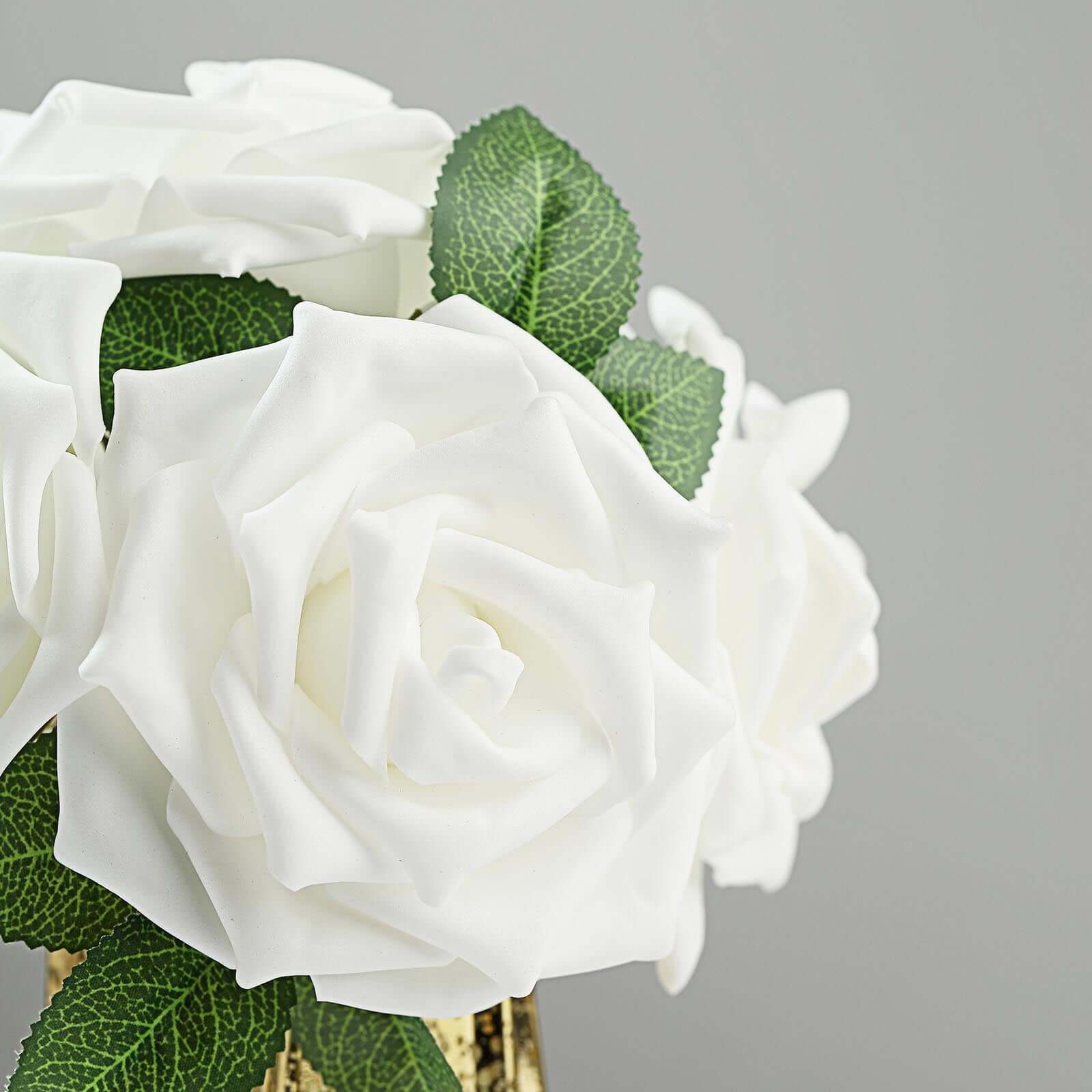 24 Roses 5" White Artificial Foam Flowers With Stem Wire and Leaves