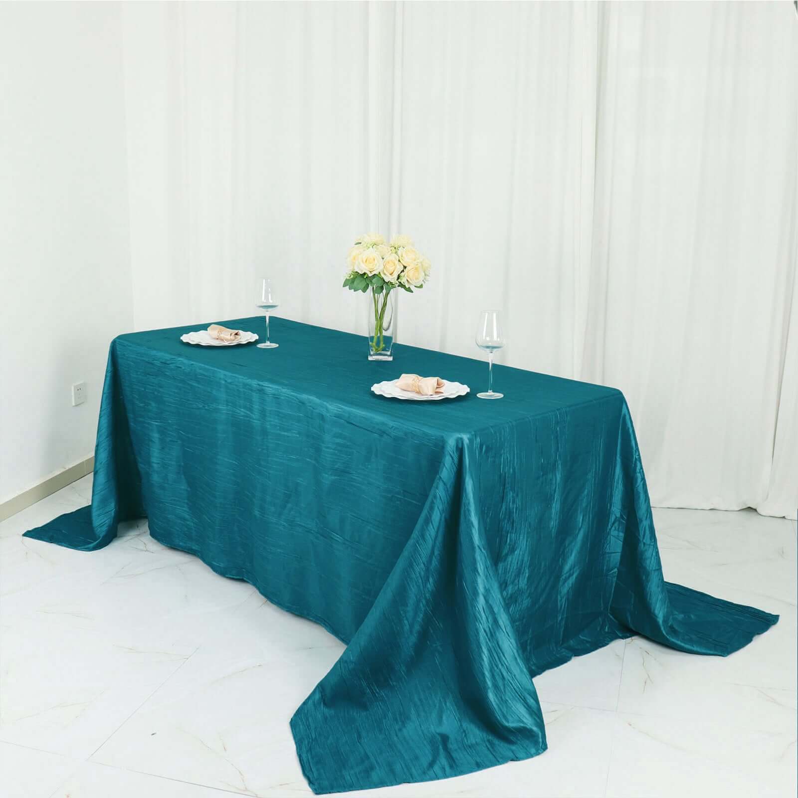 Taffeta 90"x132" Rectangle Tablecloth Teal - Seamless Accordion Crinkle Table Cover