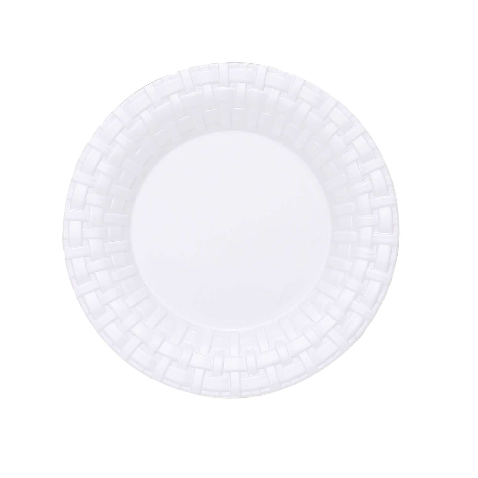 10 Pack 7" White Basketweave Rim Plastic Salad Dessert Plates, Round Disposable Appetizer Plates