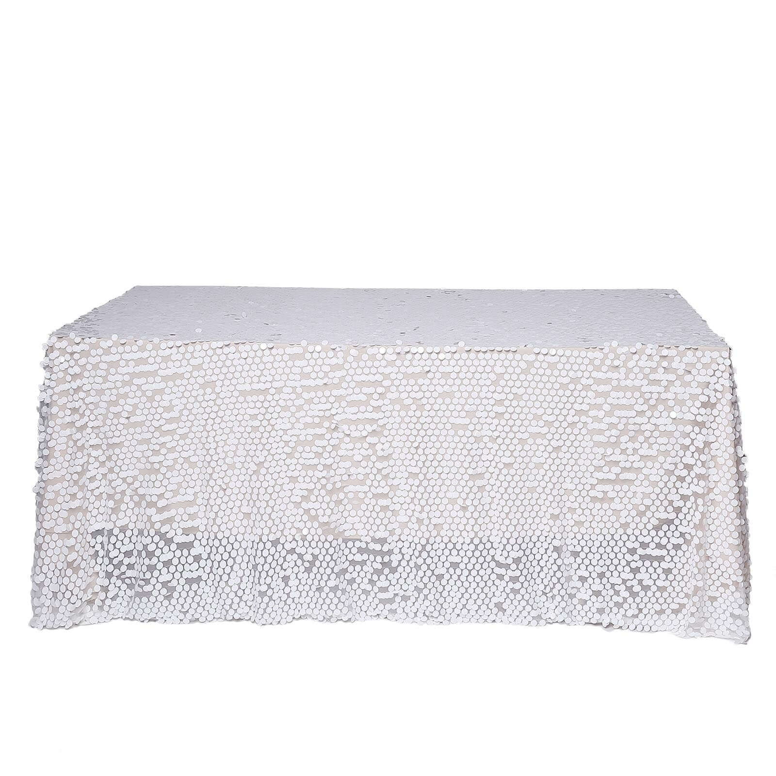 Sequin 90"x132" Rectangle Tablecloth White - Seamless Big Payette Design for Sophisticated Occasions