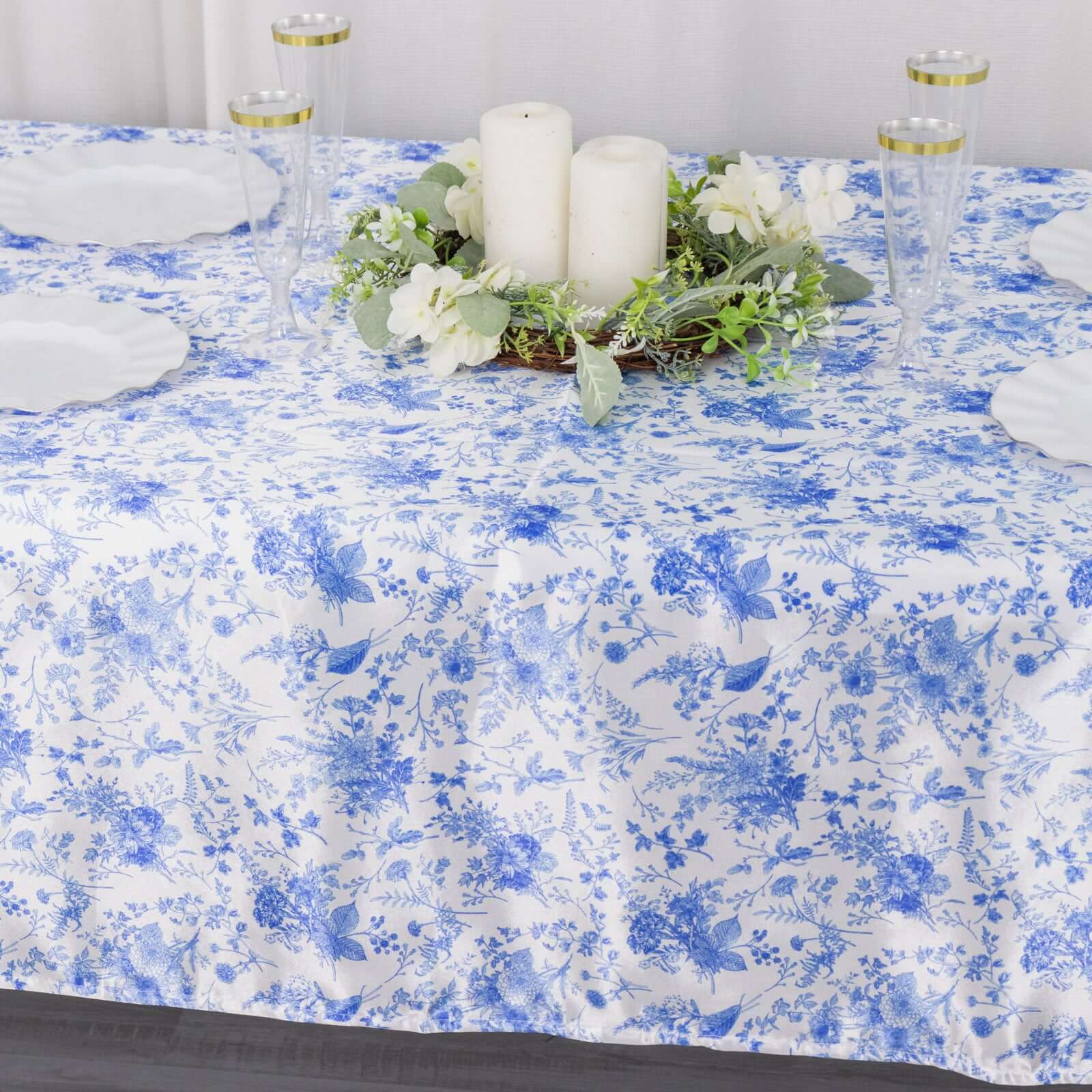 Satin Rectangular 60"x102" Tablecloth White/Blue French Toile Design - Stylish & Wrinkle-Resistant Table Cover
