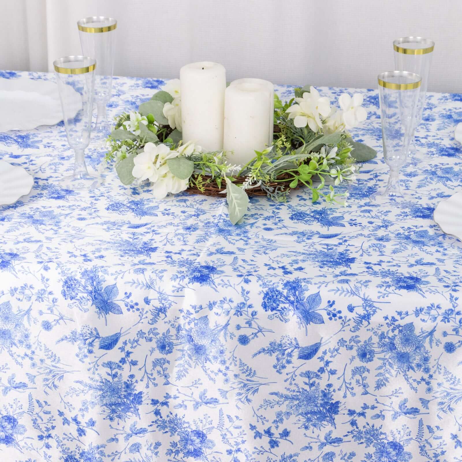 Satin Rectangular 90"x156" Tablecloth White/Blue French Toile Design - Seamless Stylish & Wrinkle-Resistant Table Cover