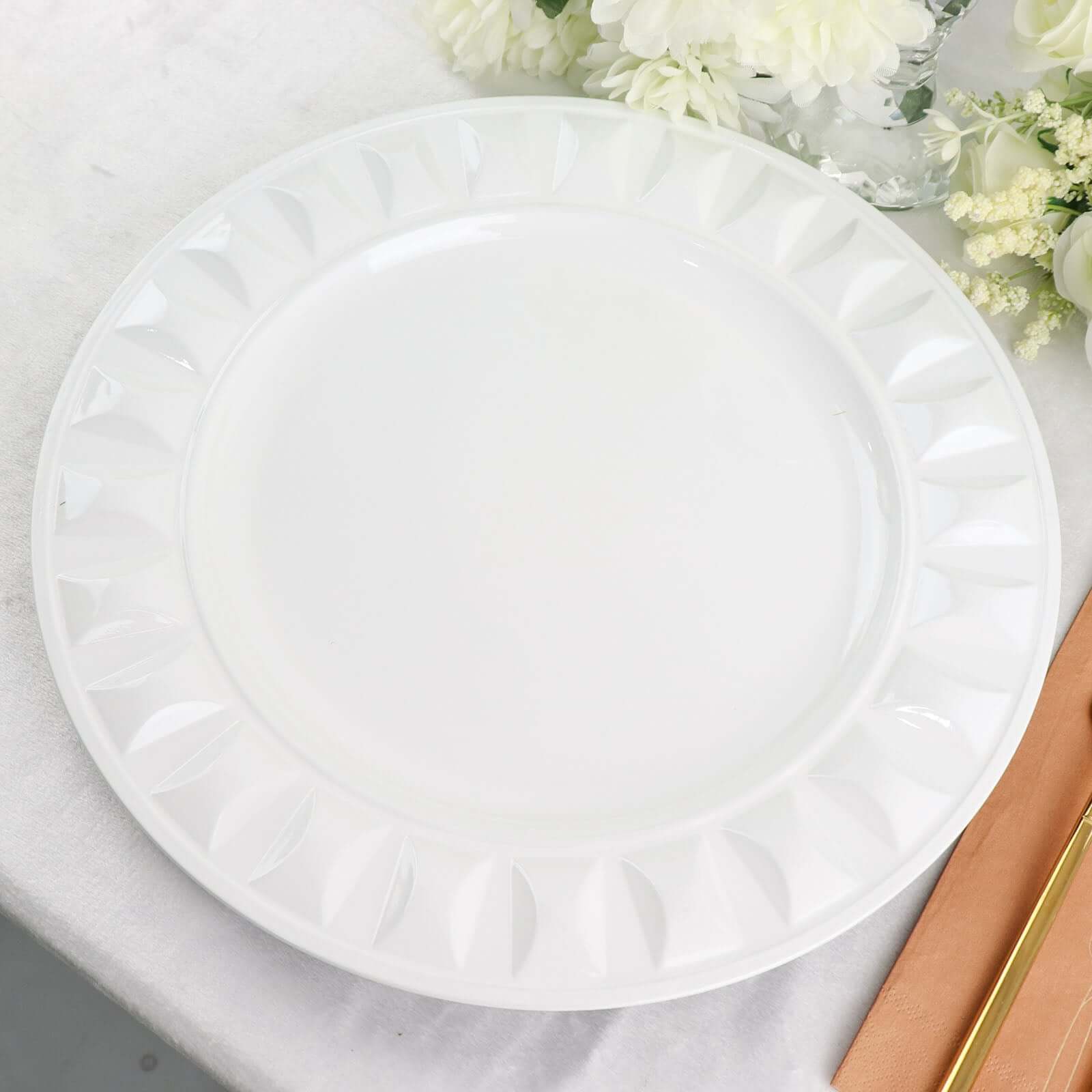 6-Pack Plastic Round Charger Plates 13" in White with Bejeweled Rim, Luxe Decorative Dinner Party Charger Tableware