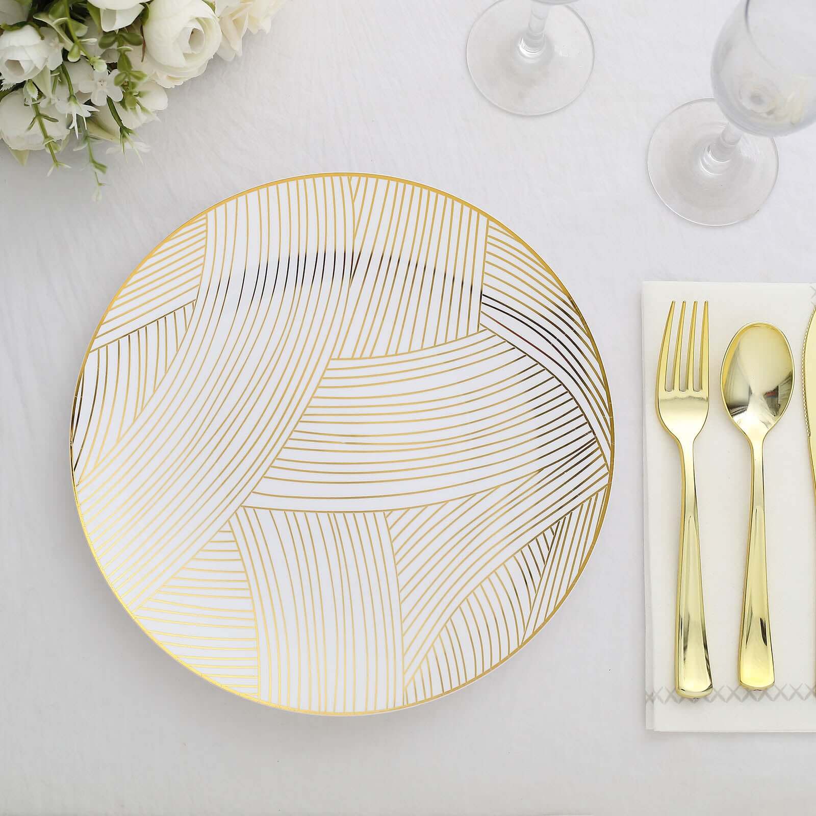 10-Pack Plastic 10" Round Dinner Plates in White with Gold Wave Brush Strokes Pattern - Disposable Party Plates for Modern & Classy Table Decor