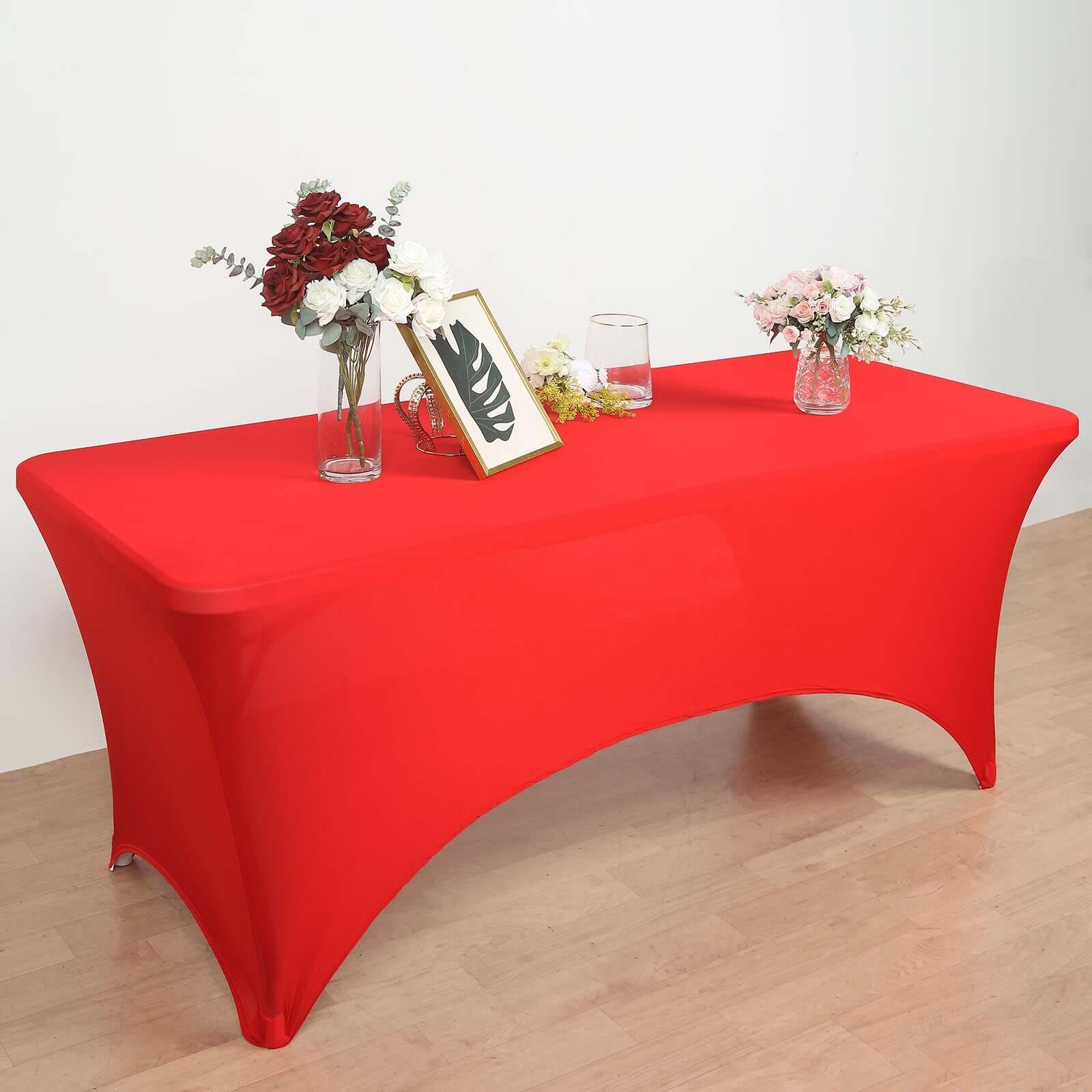 Stretch Spandex 96"x30" Rectangle Table Cover Red with Curved Open Back Design Tailored Professional Look