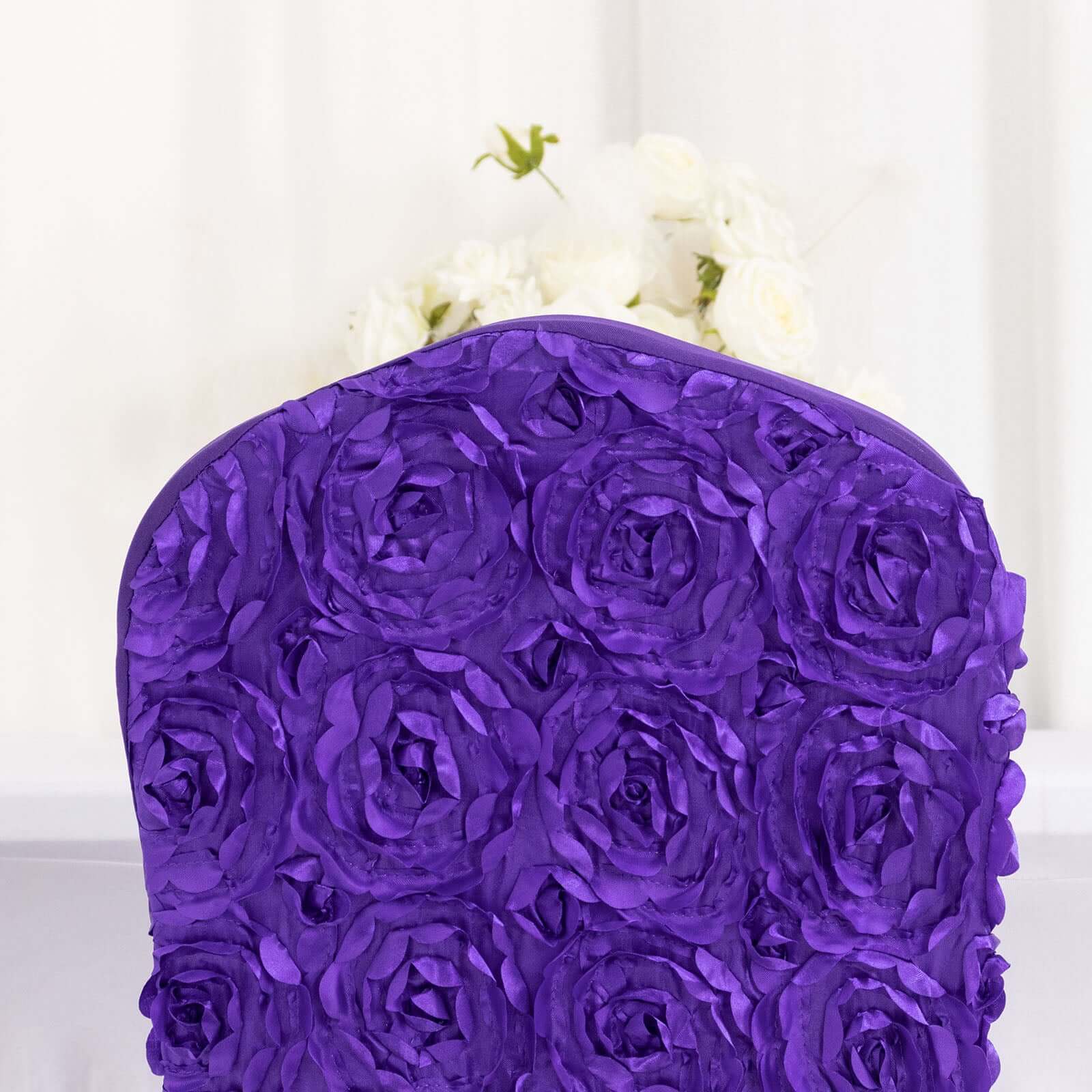 Satin Rosette Chair Cover for Banquet Chairs Purple - Stretch Fitted Slip-On Slipcover