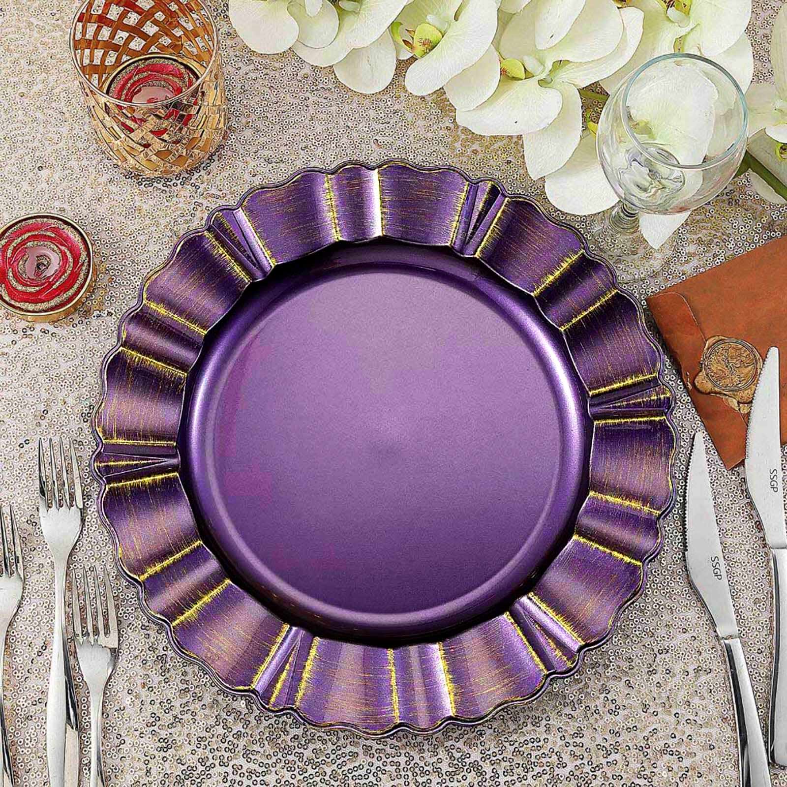 6-Pack Acrylic Plastic Round Charger Plates 13" in Purple with Gold Brushed Wavy Scalloped Rim, Decorative Dinner Party Charger Tableware