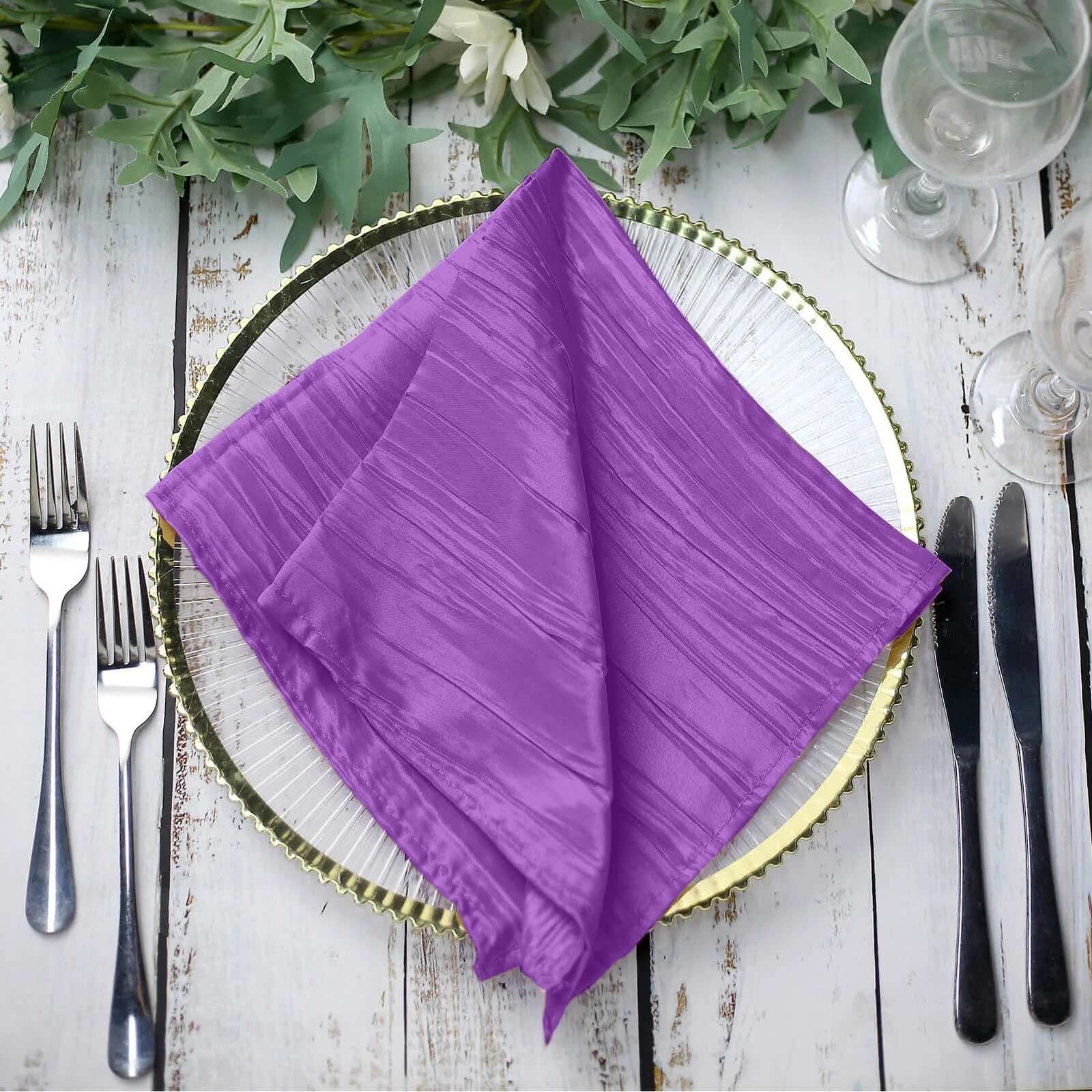 5 Pack Taffeta 20"x20" Napkins Purple - Accordion Crinkle Dinner Napkins