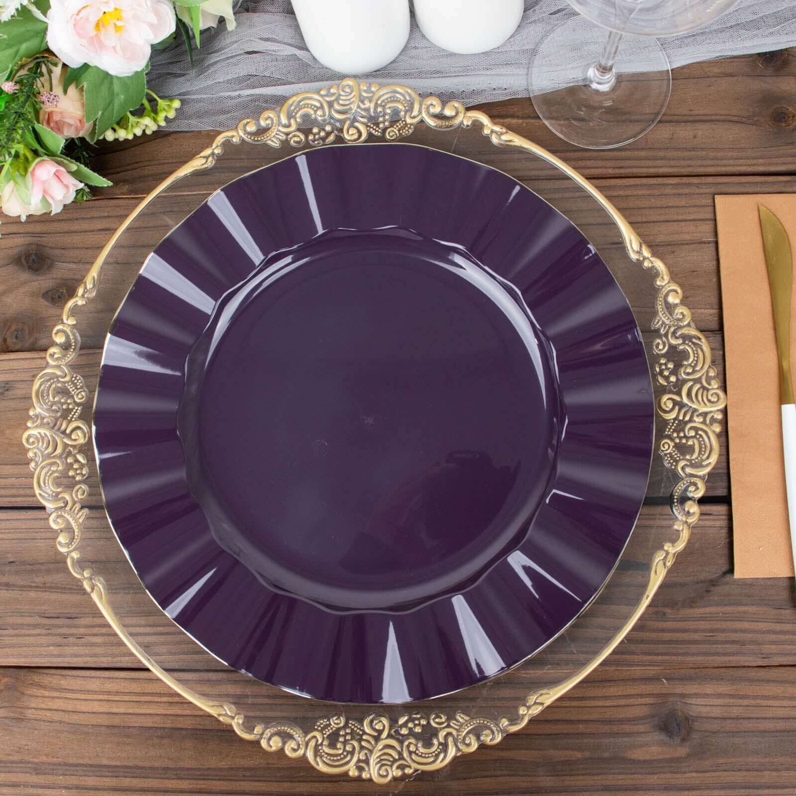 10-Pack Plastic 11" Round Dinner Plates in Purple Ruffled Rim with Gold Edging - Sturdy Disposable Dinnerware