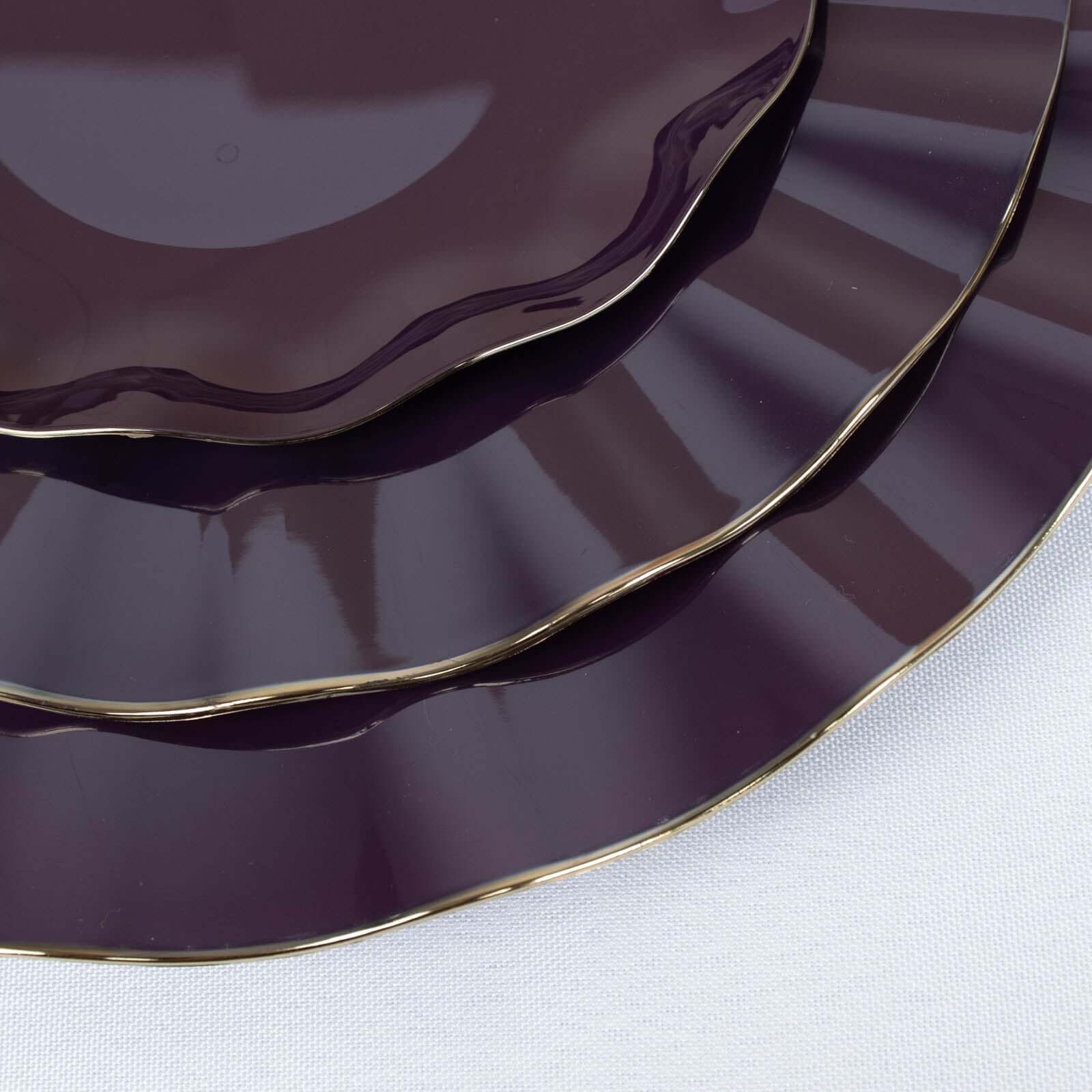 10-Pack Plastic 11" Round Dinner Plates in Purple Ruffled Rim with Gold Edging - Sturdy Disposable Dinnerware