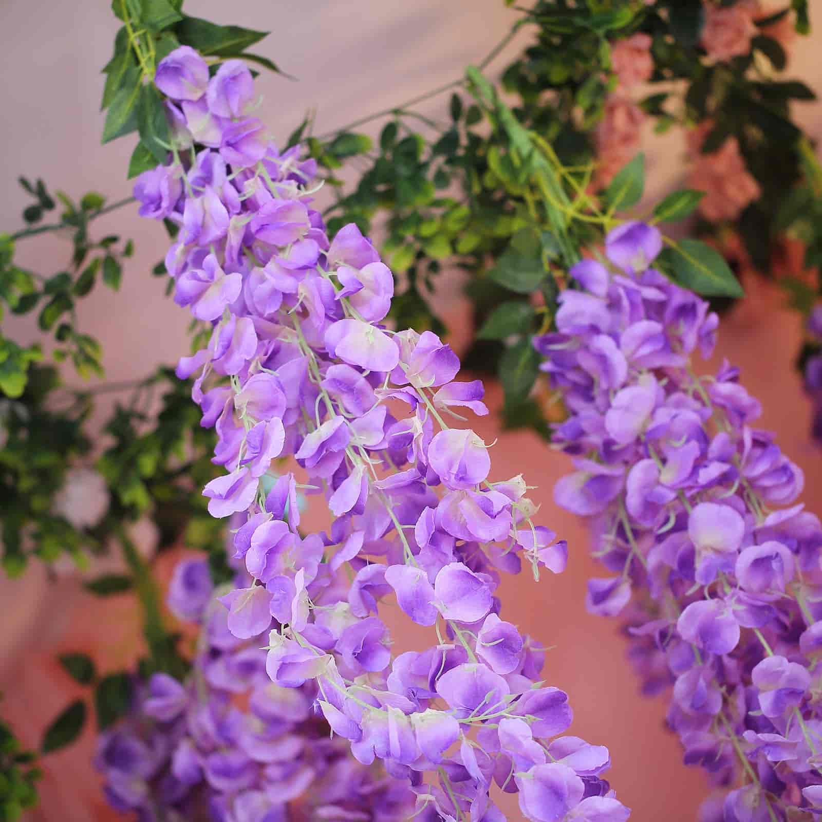 42" Silk Hanging Wisteria Flower Garland Vines in Lavender Lilac, Elaborated 5 Full Strands in 1 Bush