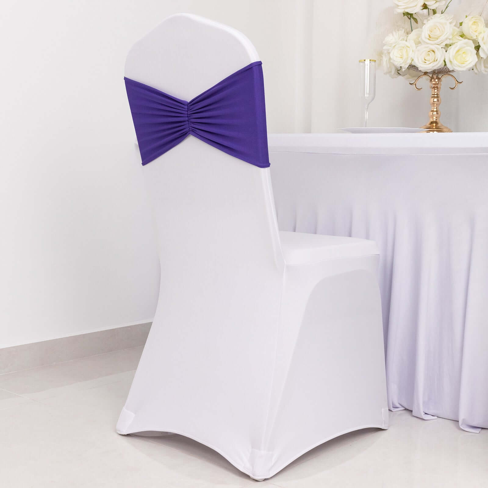 5 Pack Spandex Chair Sashes Purple Ruffled Style - Wide Easy to Use Stretch Chair Bands 8"x13"