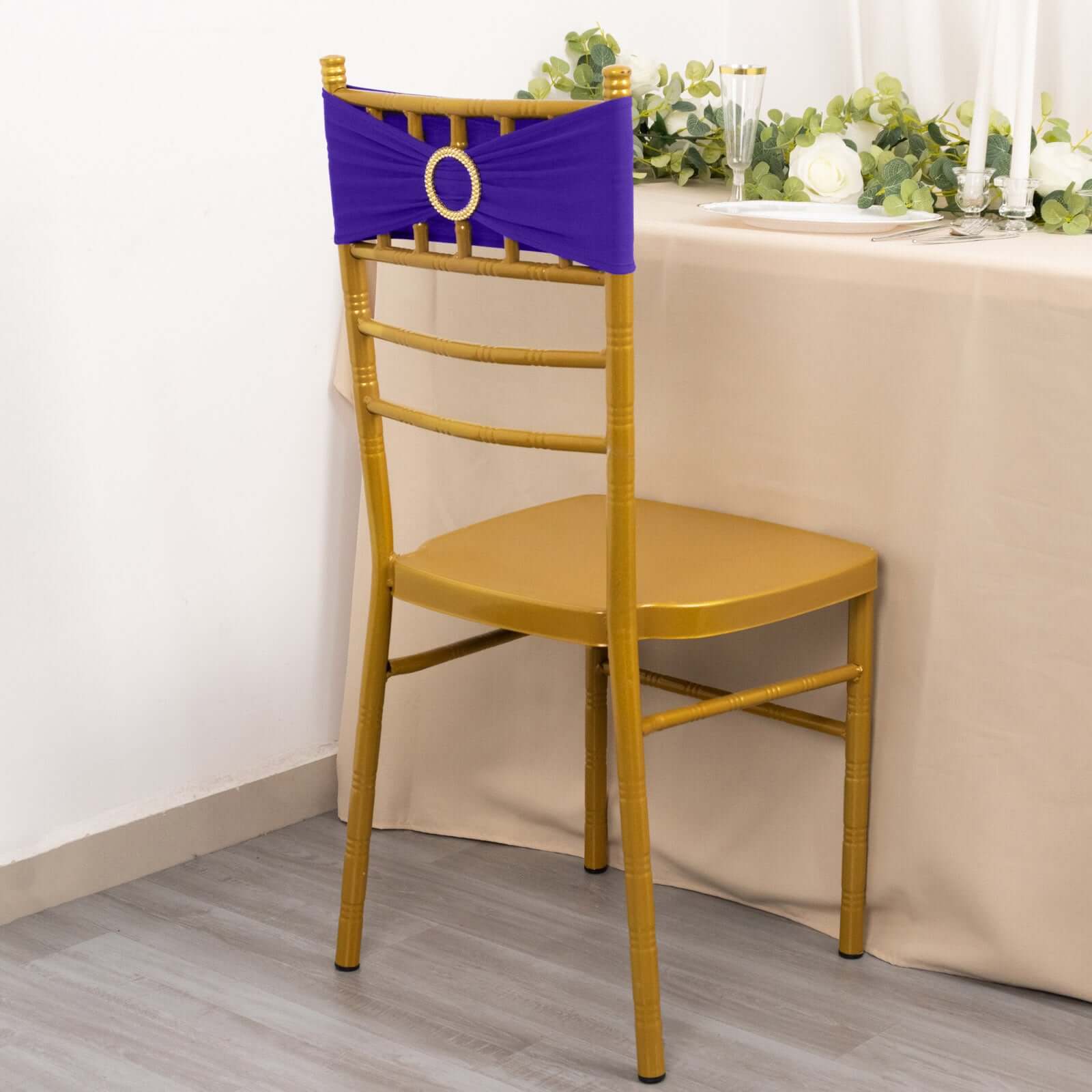 5 Pack Spandex Chair Sashes Purple with Gold Rhinestone Buckles - Reusable Four-Way Stretch Sash Bands 5"x14"