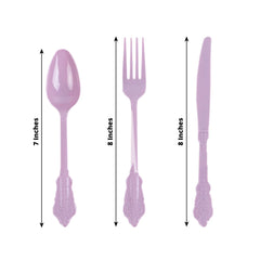 72 Pcs Plastic Silverware Set in Baroque Style Lavender Lilac - Heavy Duty Disposable Knife, Fork, and Spoon Set
