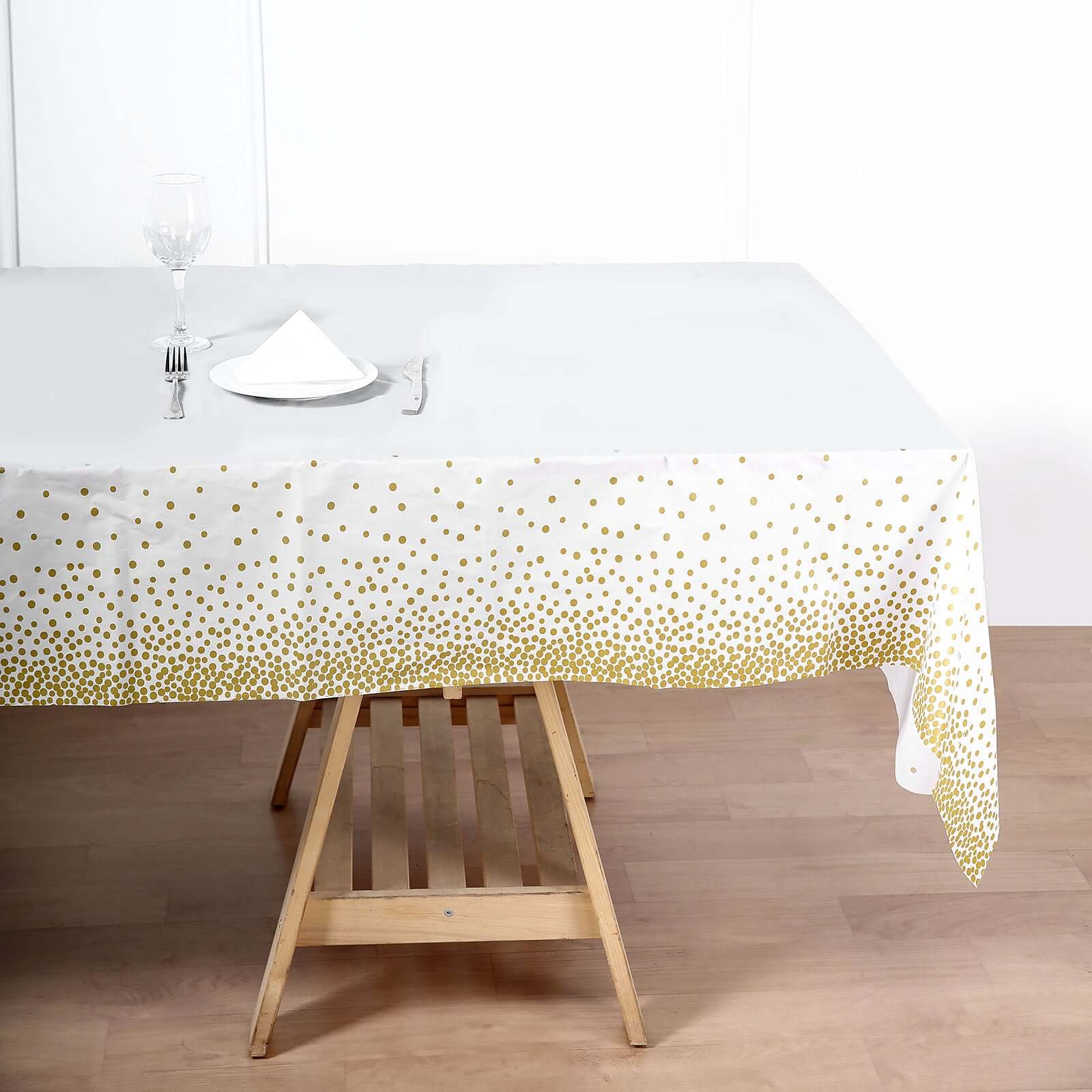 5-Pack Plastic Table Covers White Rectangle with Gold Confetti Dots - Durable PVC Disposable Tablecloths for Events 54"x108"