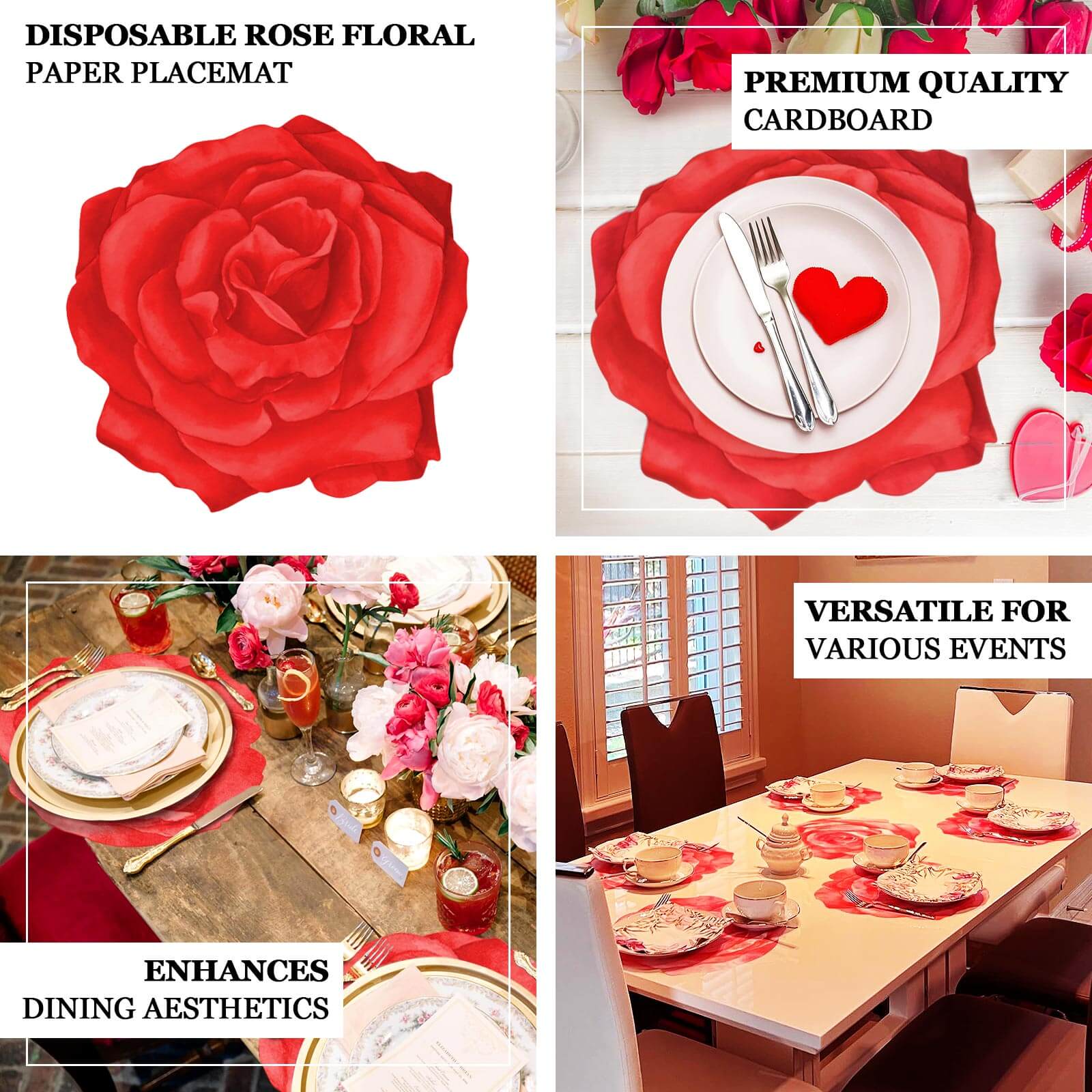 10-Pack Disposable Table Placemats with Red Rose Flower Design - 400GSM Floral Cardboard Placemats for Romantic Themes & Garden Parties 14"