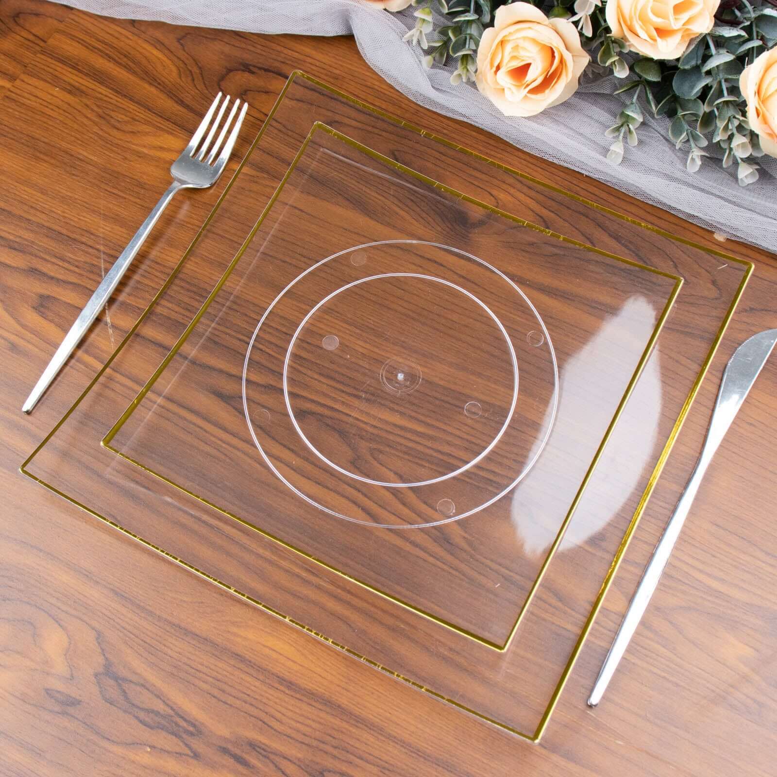 10-Pack Plastic 8" Square Dessert Plates in Clear Concave Style with Gold Rim - Modern Disposable Salad Appetizer Party Plates