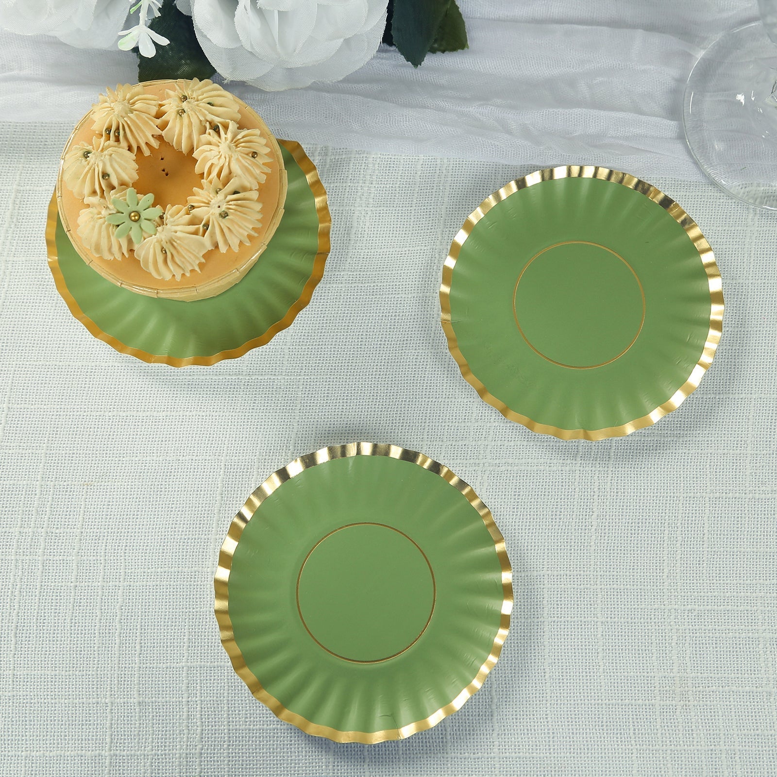 50-Pack Paper 3.5" Round Party Plates in Dusty Sage Green with Gold Scalloped Rim for Tapas, Appetizers & Finger Foods