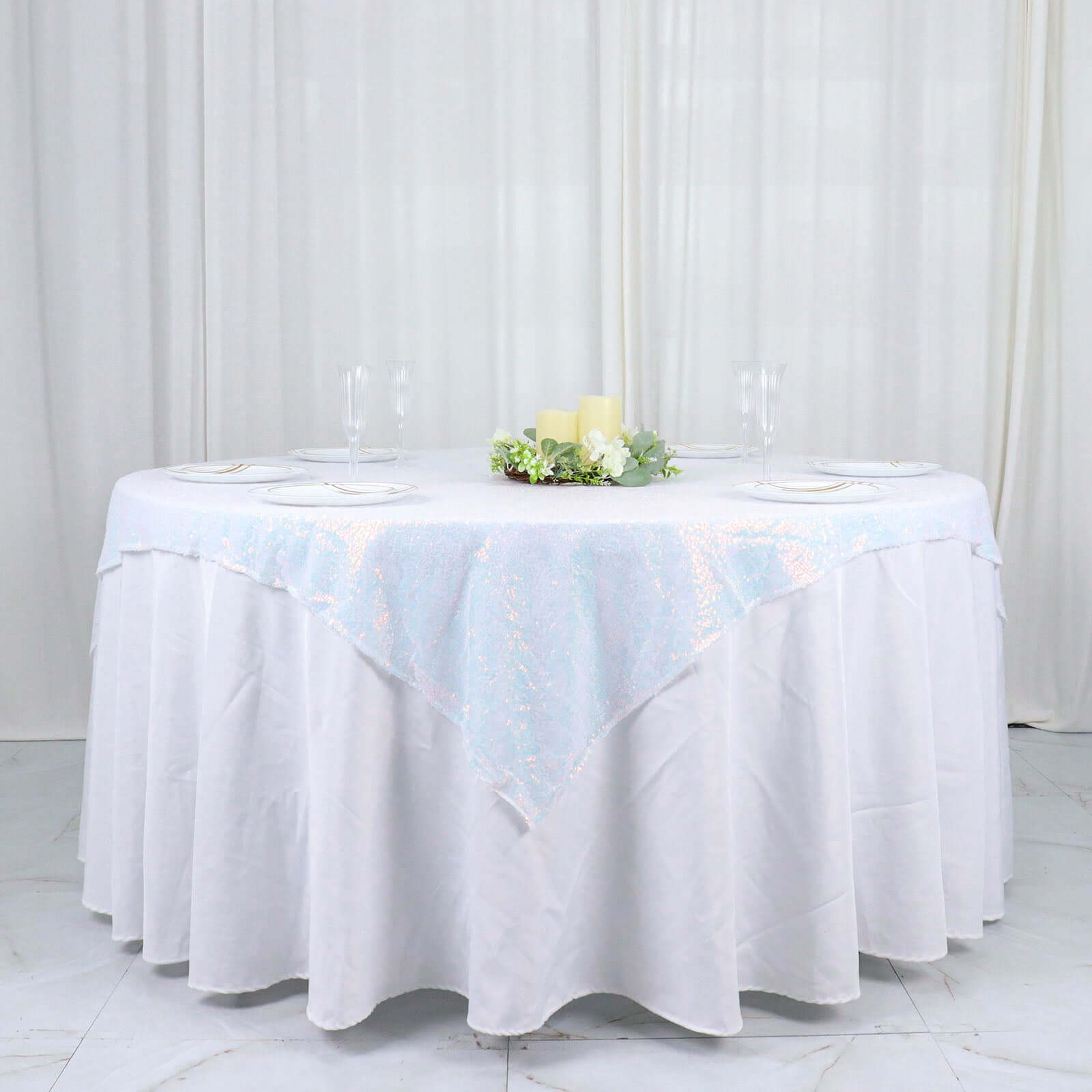 Sequin 60"x60" Table Overlay Square Tablecloth  Iridescent Blue - Luxe Wedding Table Topper