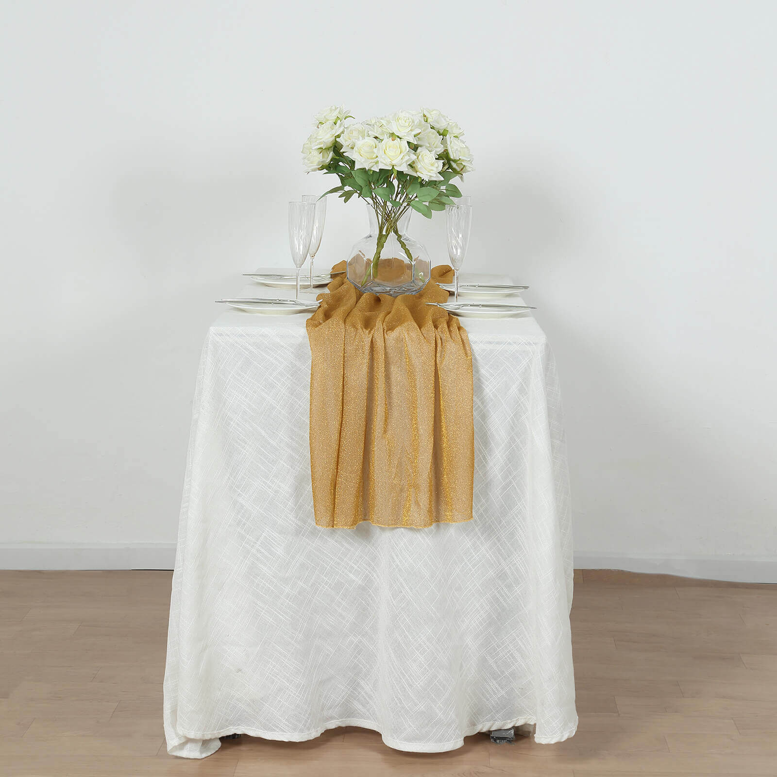 Glitter Gauze 27"x120" Table Runner Gold - Sparkling Reusable Wrinkle-Free Sheer Table Linen for Events