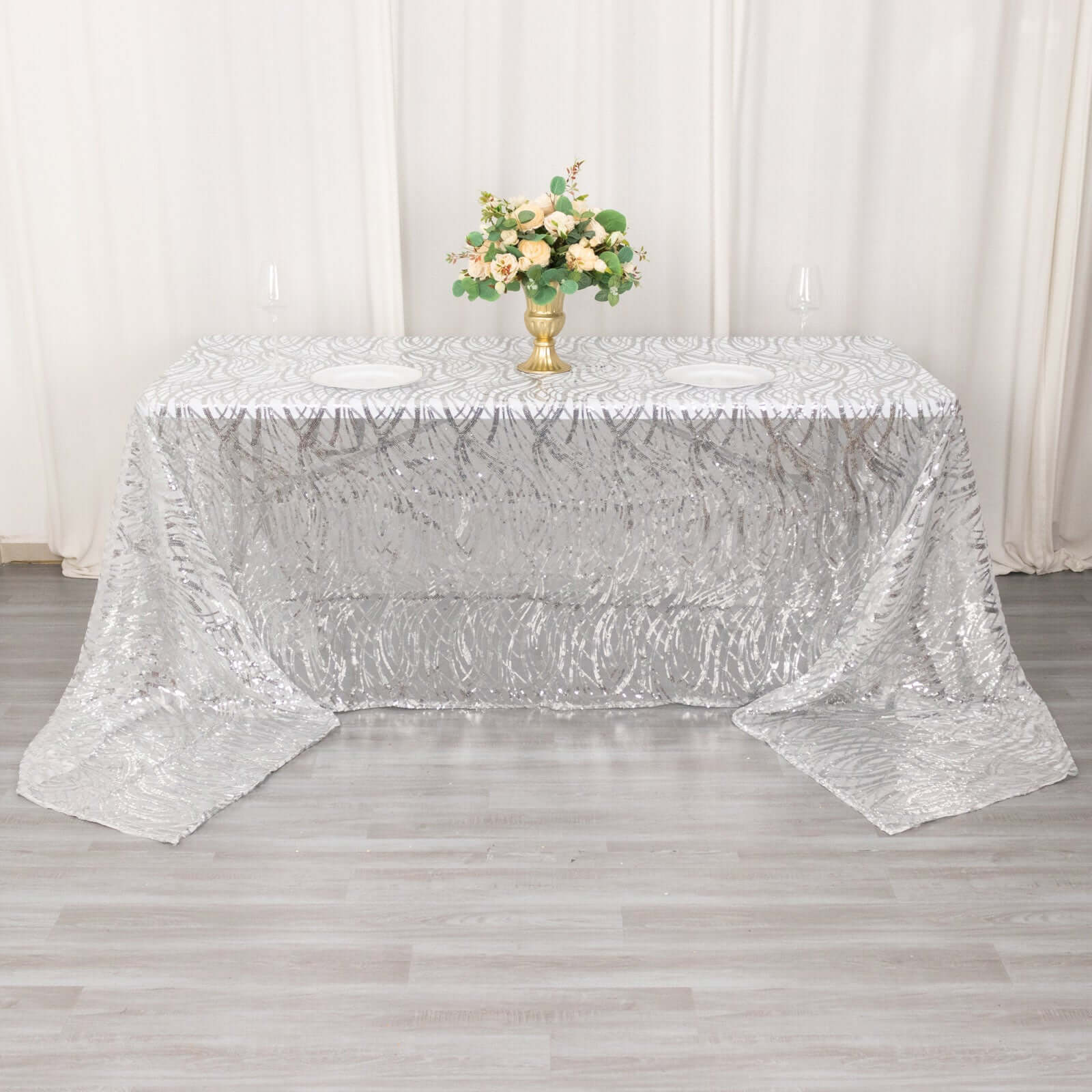 Mesh 90"x156" Rectangle Tablecloth Silver - Wave Sequin Embroidered Table Cover